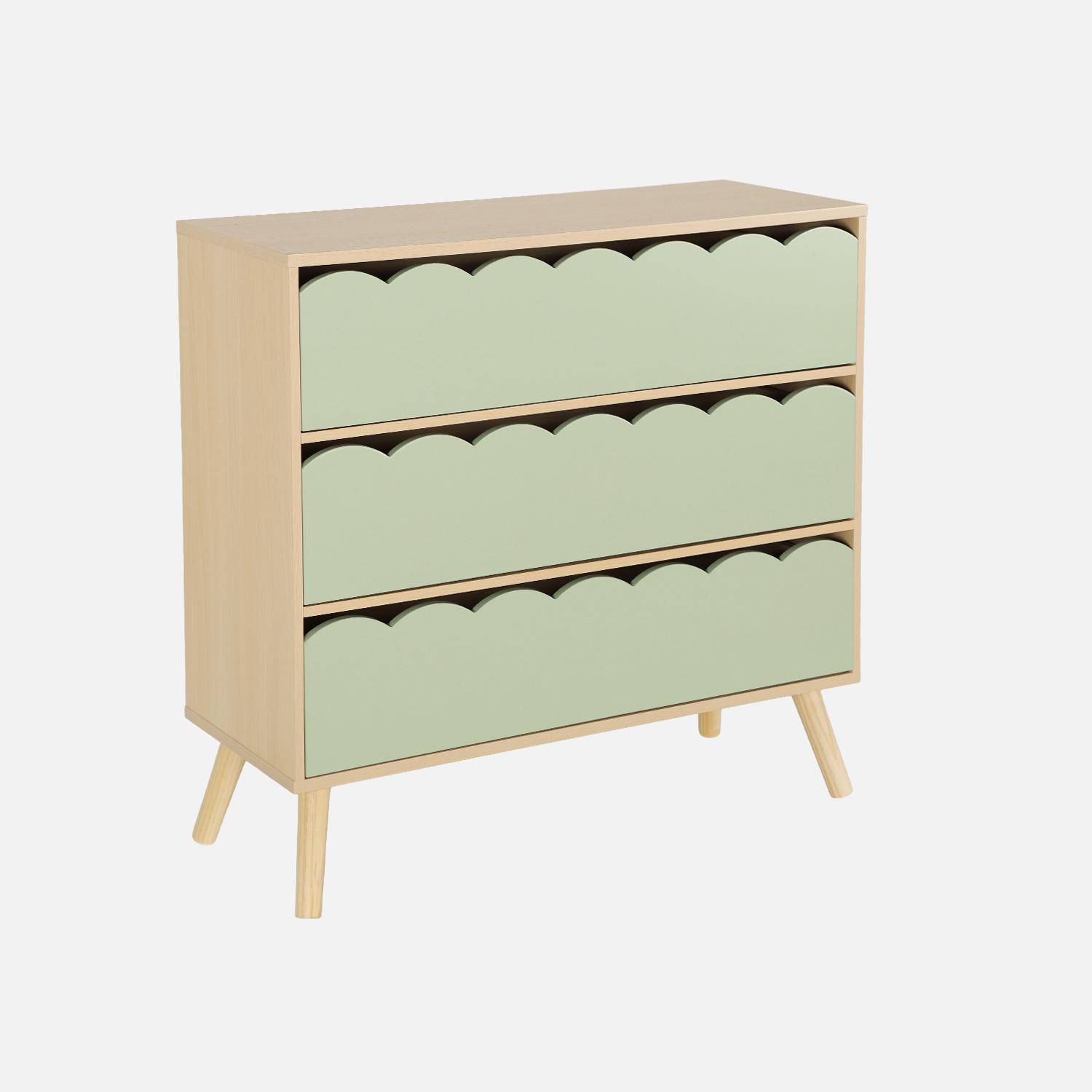 Commode enfant décor bois vert 3 tiroirs, pieds bois de pin - 80 x 30 x 79 cm - Azur,sweeek,Photo6