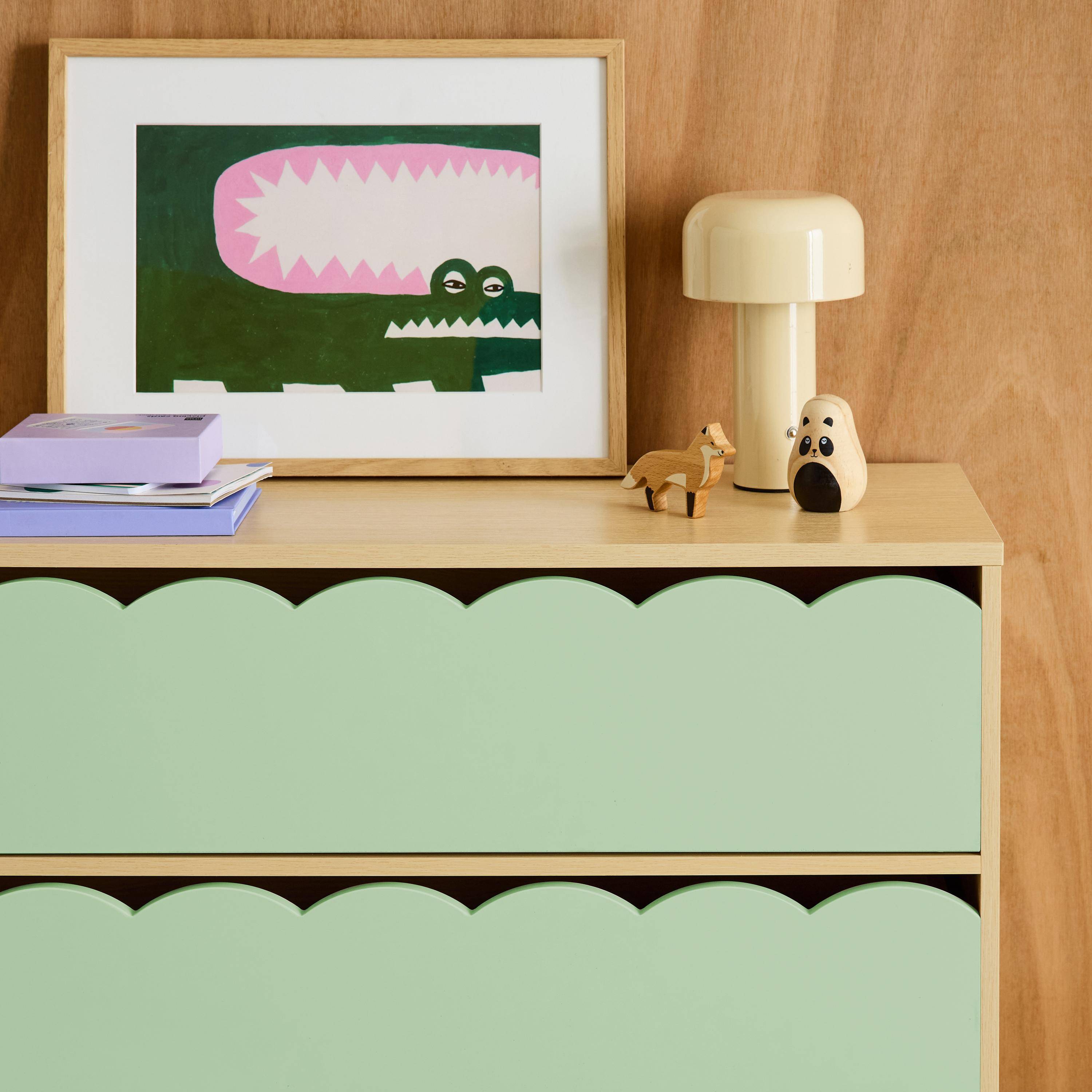 Commode enfant décor bois vert 3 tiroirs, pieds bois de pin - 80 x 30 x 79 cm - Azur Photo4