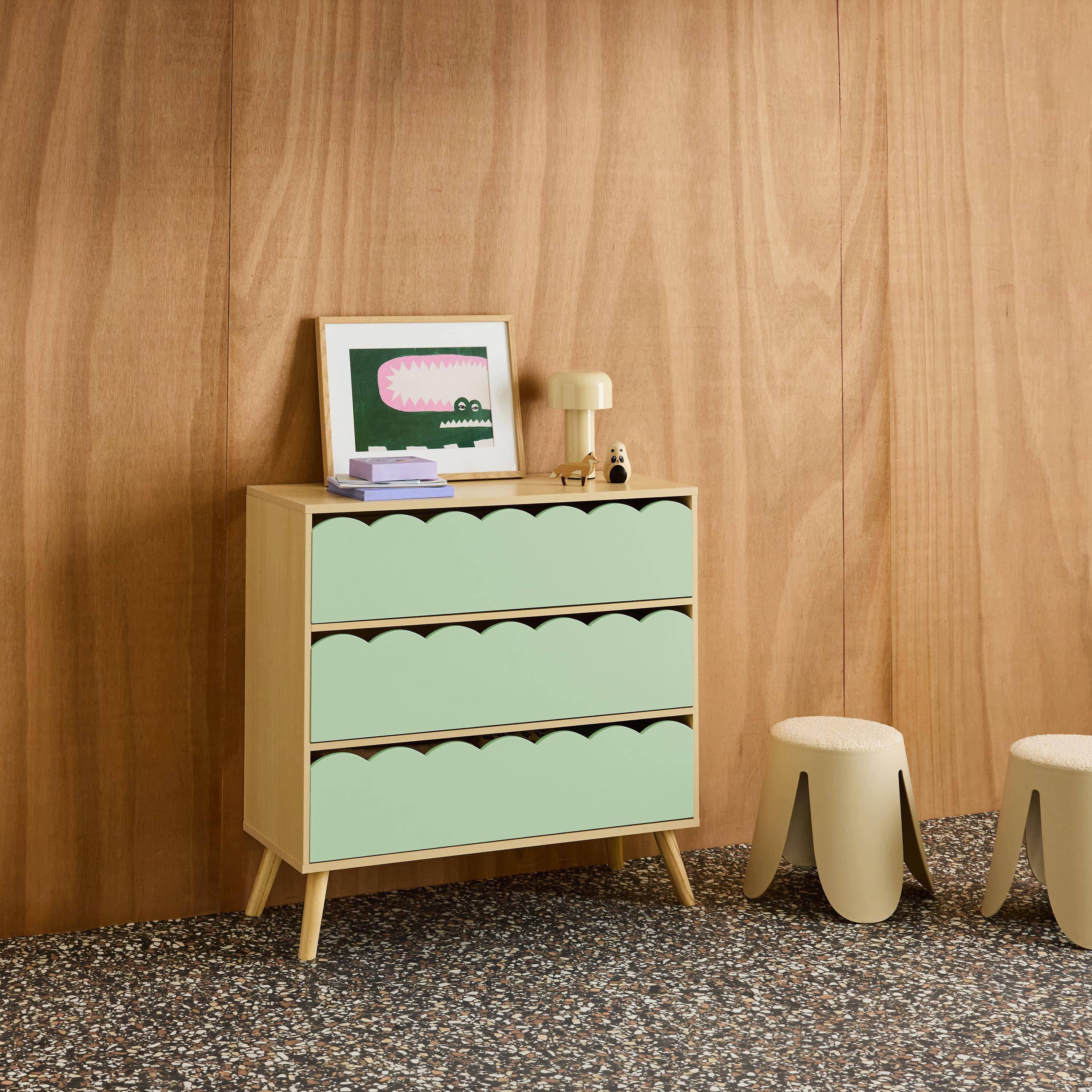 Commode enfant décor bois vert 3 tiroirs, pieds bois de pin - 80 x 30 x 79 cm - Azur,sweeek,Photo2