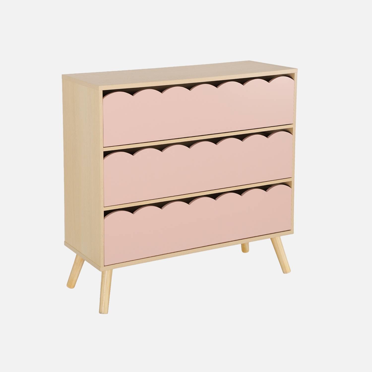 Cómoda infantil efecto madera con patas de pino, 3 cajones, Rosa