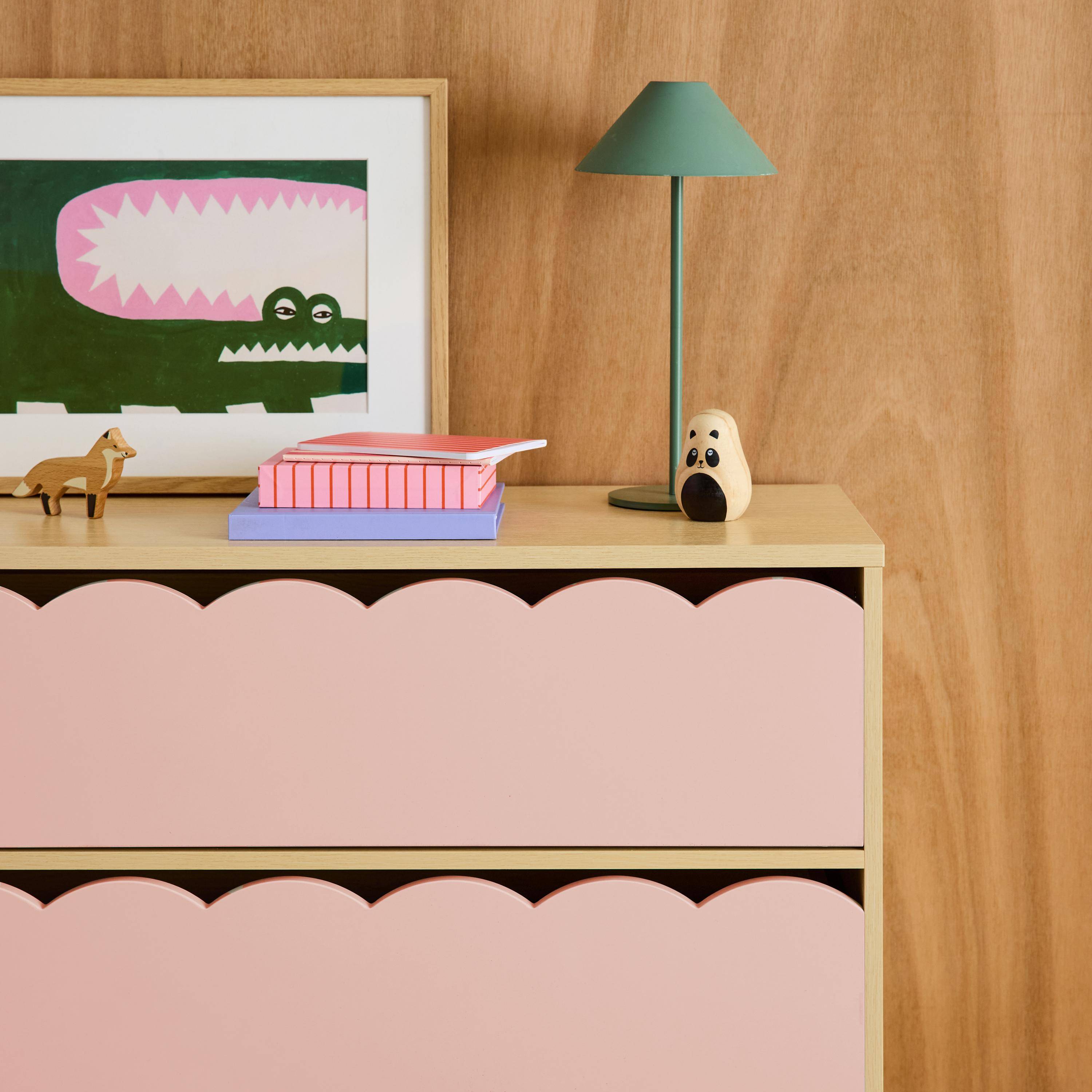 Commode enfant décor bois rose 3 tiroirs, pieds bois de pin - 80 x 30 x 79 cm - Azur,sweeek,Photo5