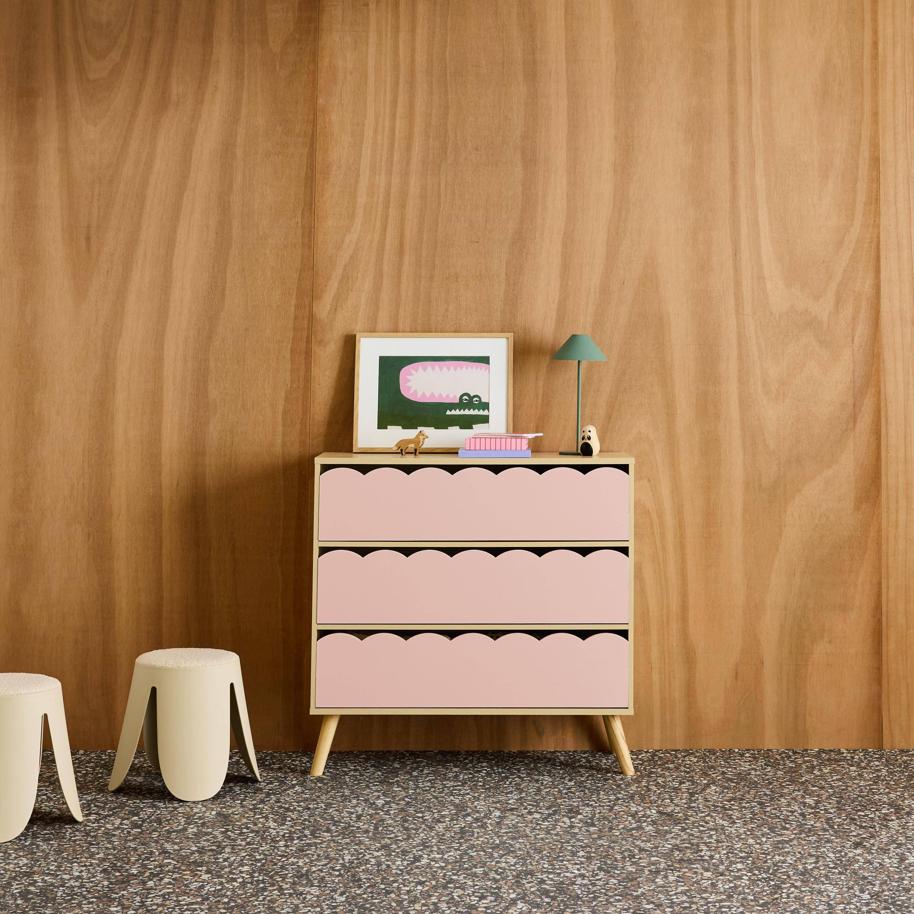 Commode enfant décor bois rose 3 tiroirs, pieds bois de pin - 80 x 30 x 79 cm - Azur Photo1