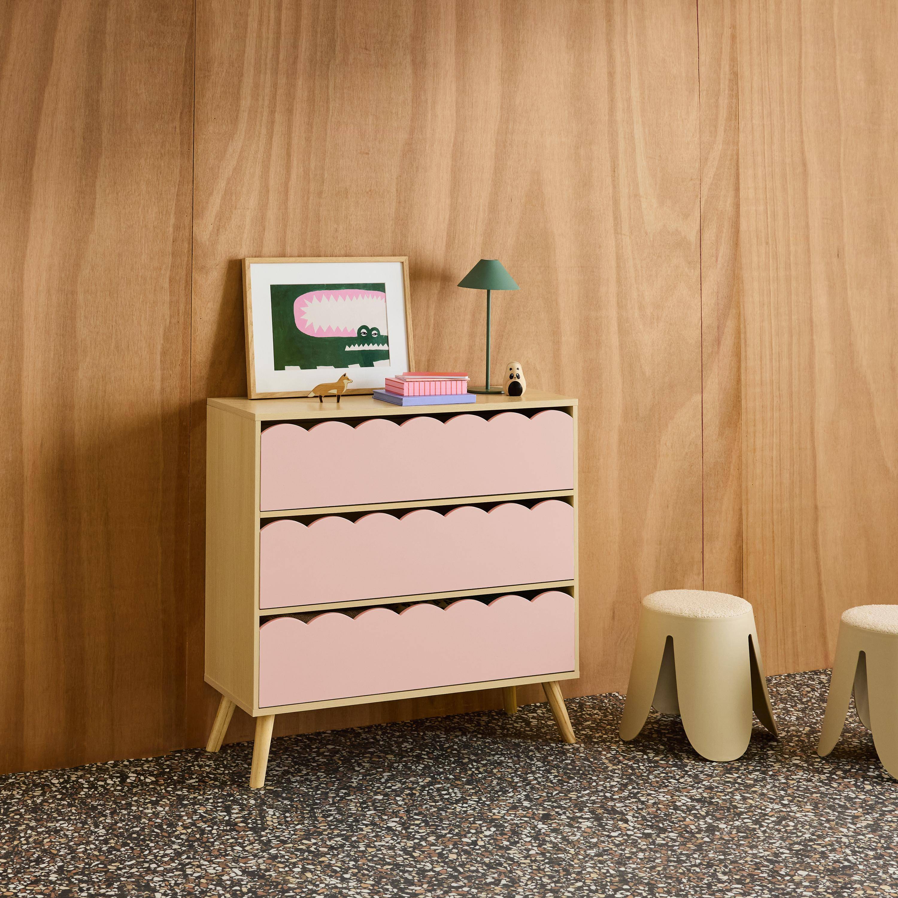 Commode enfant décor bois rose 3 tiroirs, pieds bois de pin - 80 x 30 x 79 cm - Azur Photo3