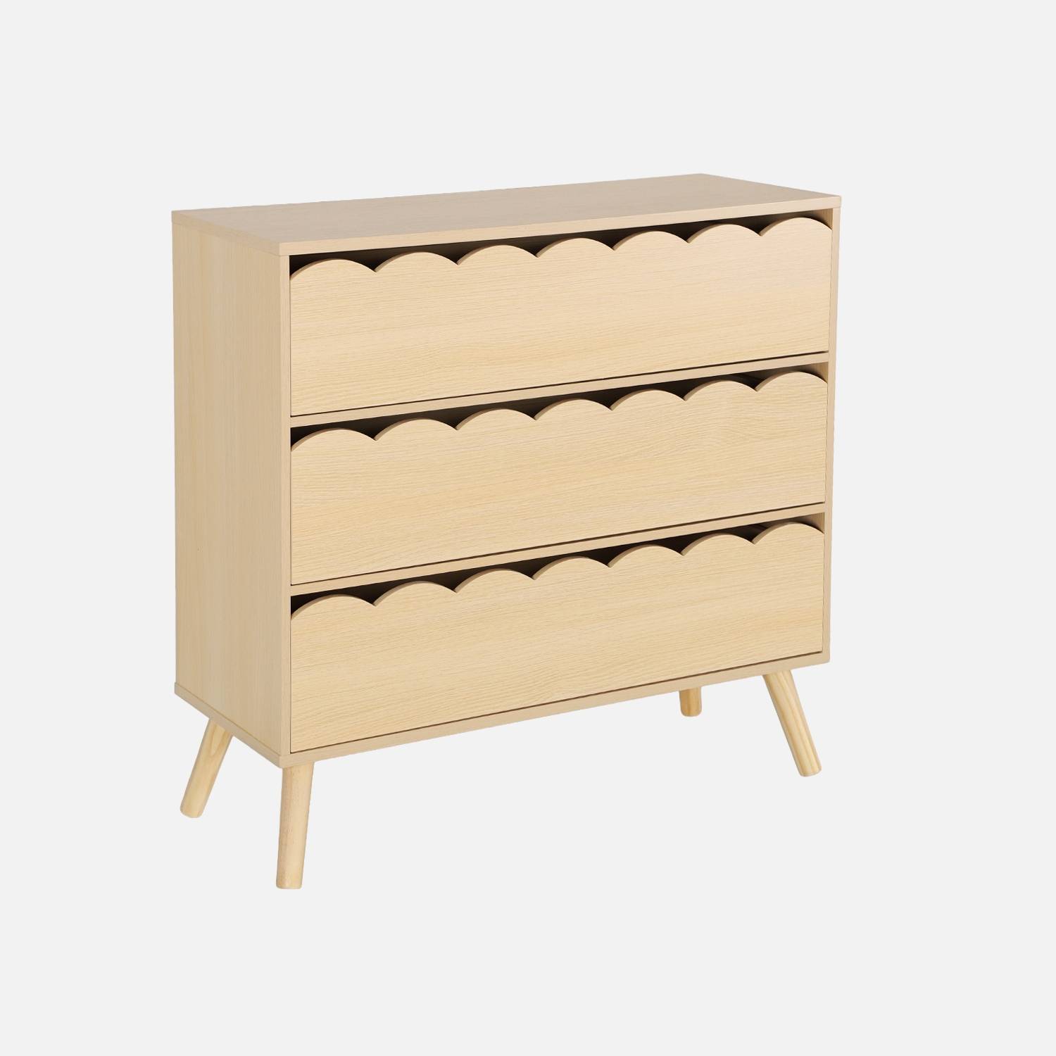 Cómoda infantil efecto madera con patas de pino, 3 cajones, Natural
