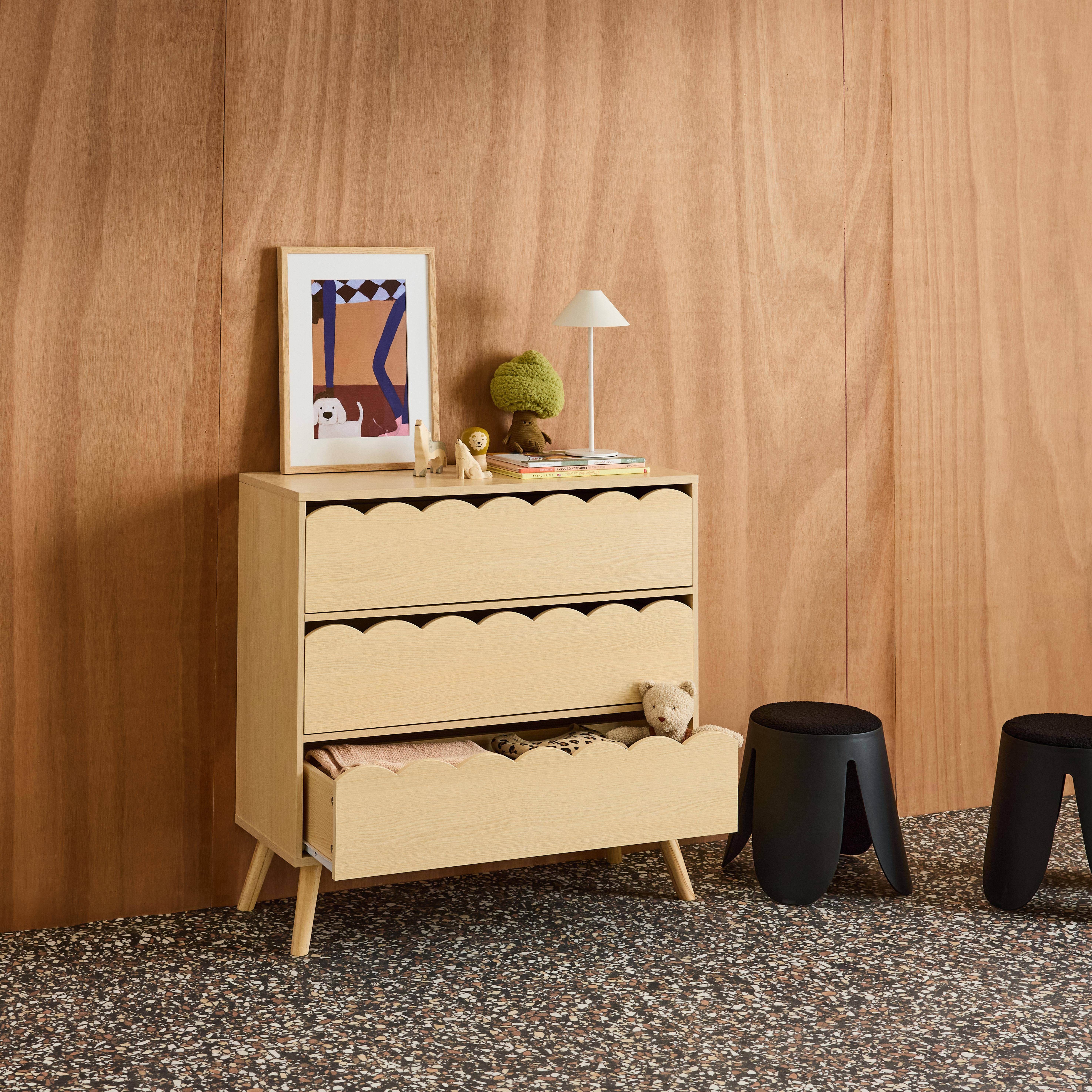 Commode enfant décor bois naturel 3 tiroirs, pieds bois de pin - 80 x 30 x 79 cm - Azur Photo3