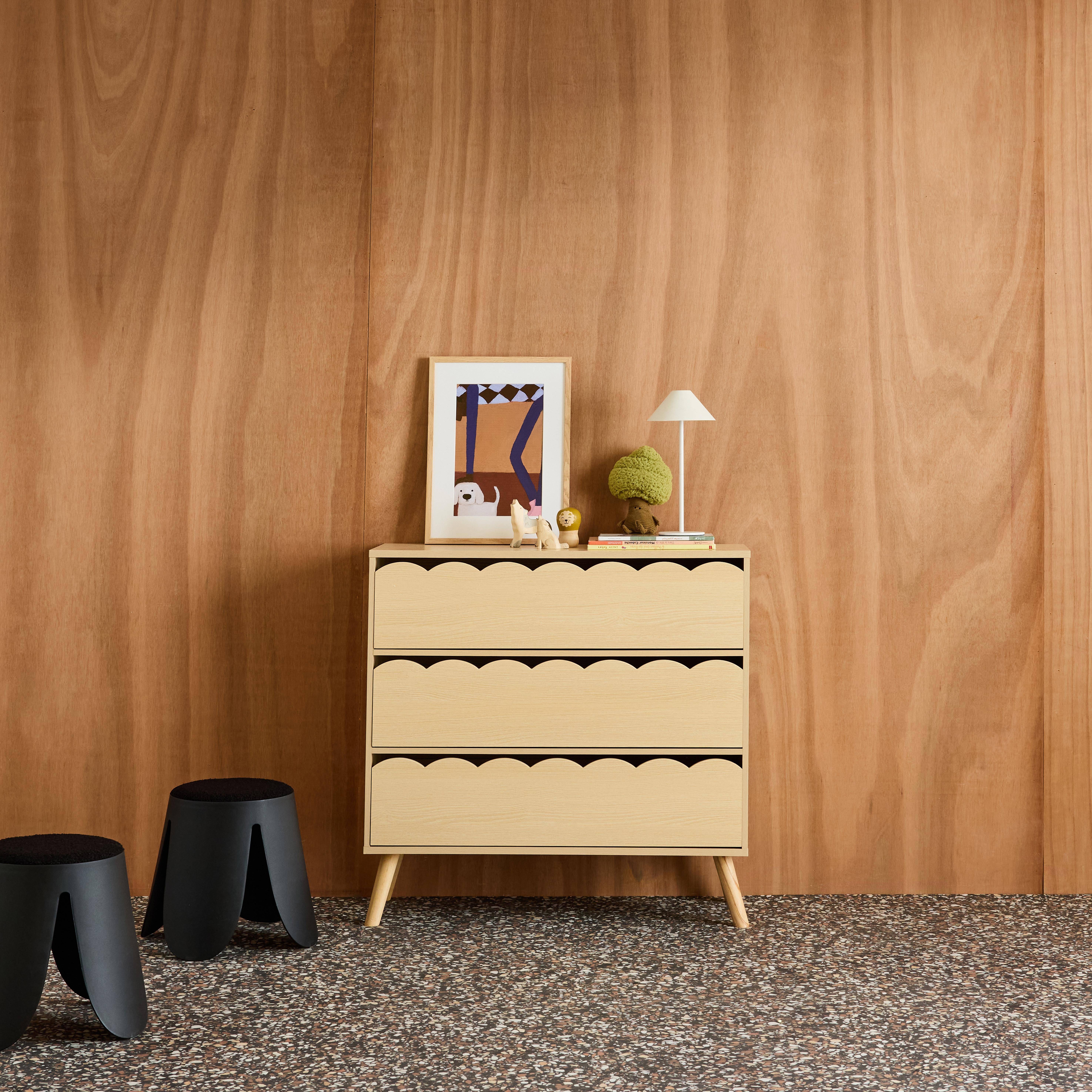 Commode enfant décor bois naturel 3 tiroirs, pieds bois de pin - 80 x 30 x 79 cm - Azur,sweeek,Photo1