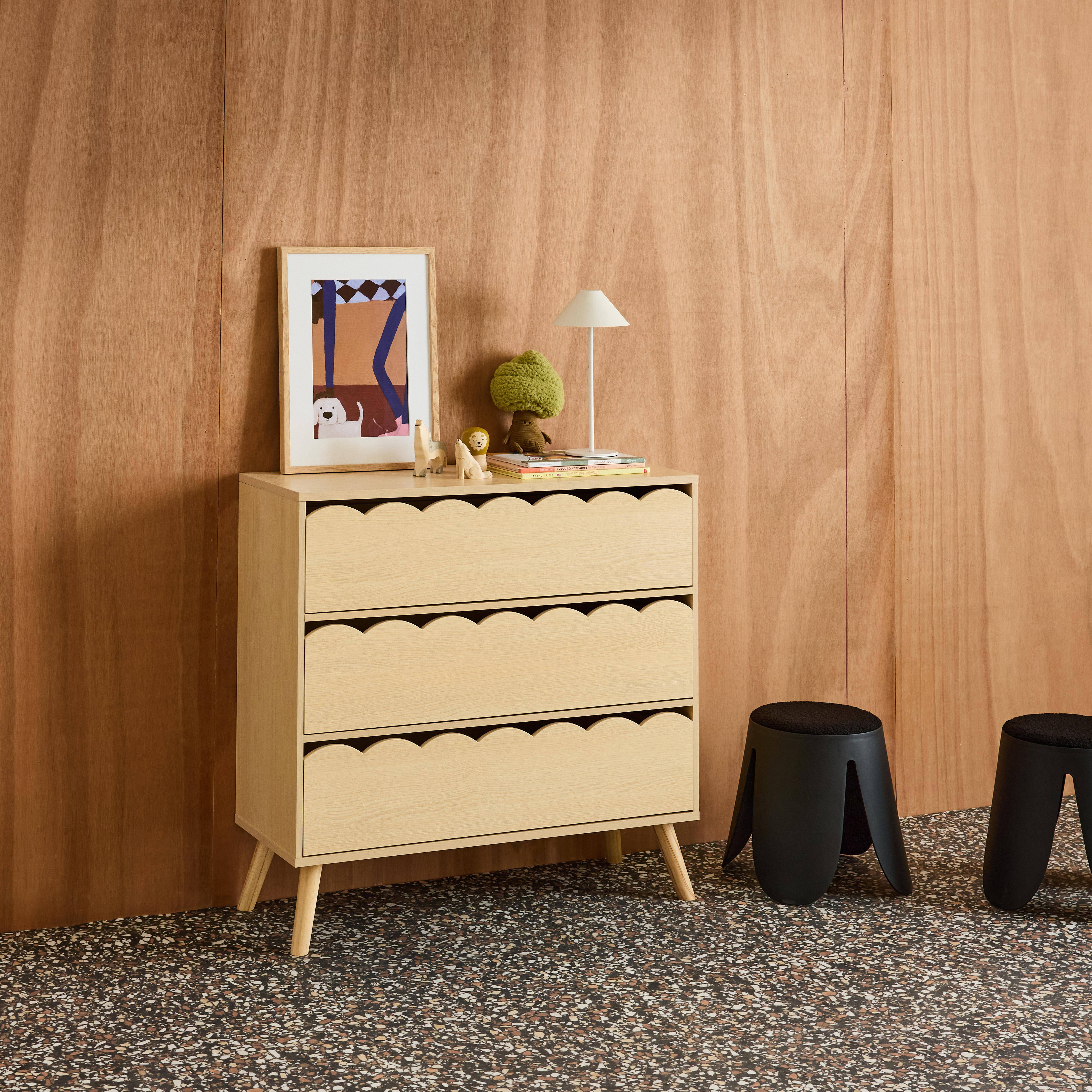 Commode enfant décor bois naturel 3 tiroirs, pieds bois de pin - 80 x 30 x 79 cm - Azur Photo2