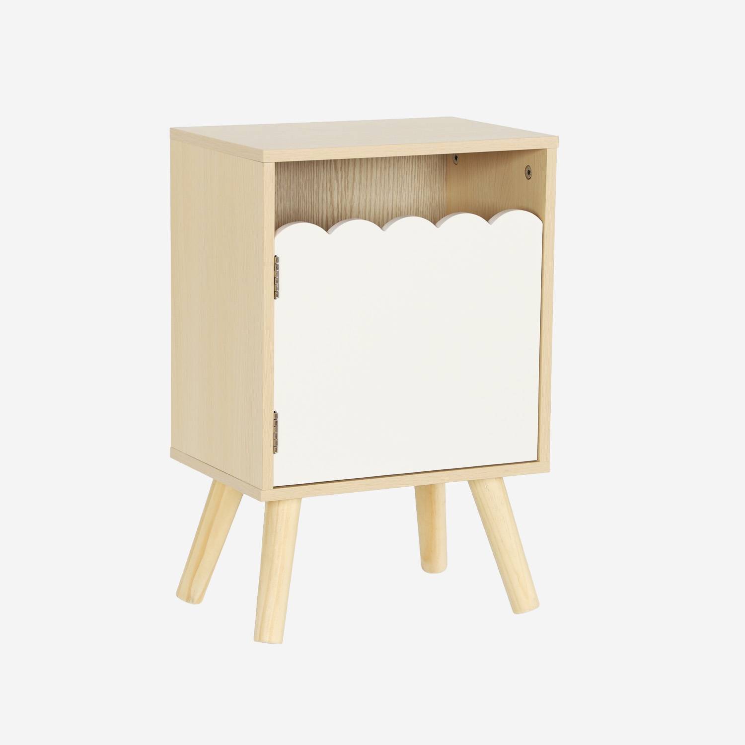 Table de chevet enfant décor bois blanc 1 porte, pieds bois de pin
