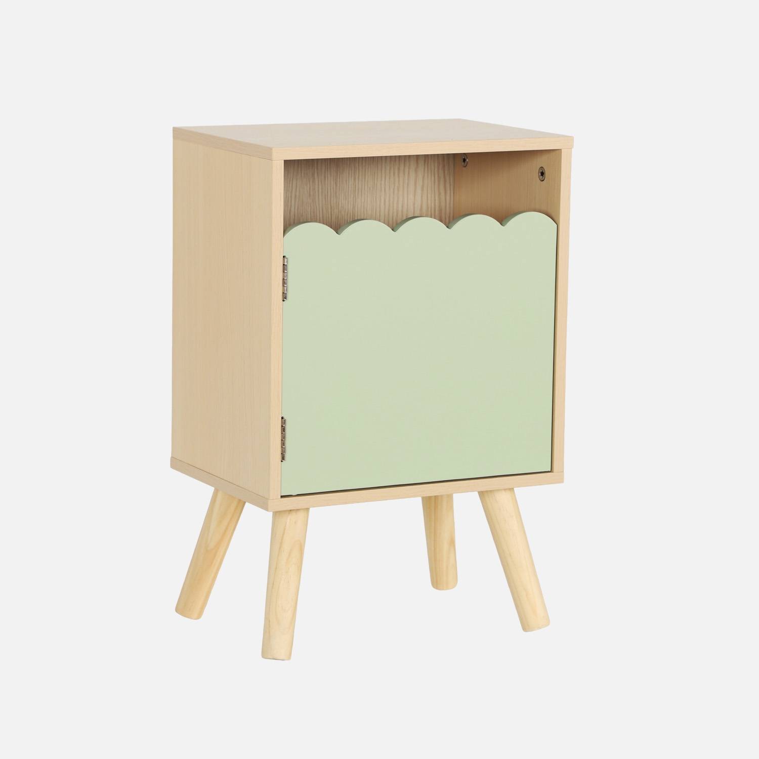 Mesita de noche infantil con patas de madera de pino, 1 puerta, Verde