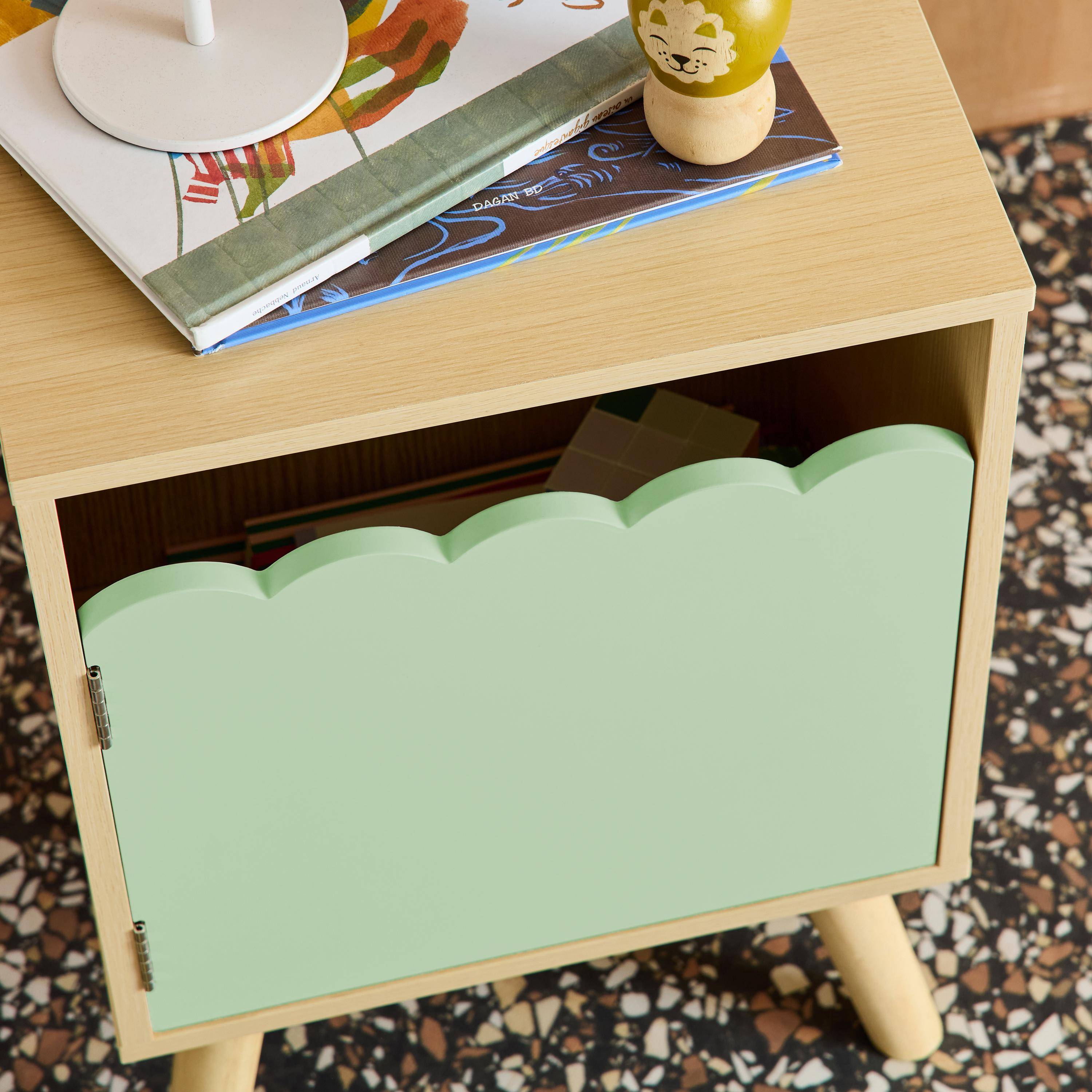 Mesita de noche infantil con patas de madera de pino, 1 puerta Verde - 34x23.5x52 cm Photo3