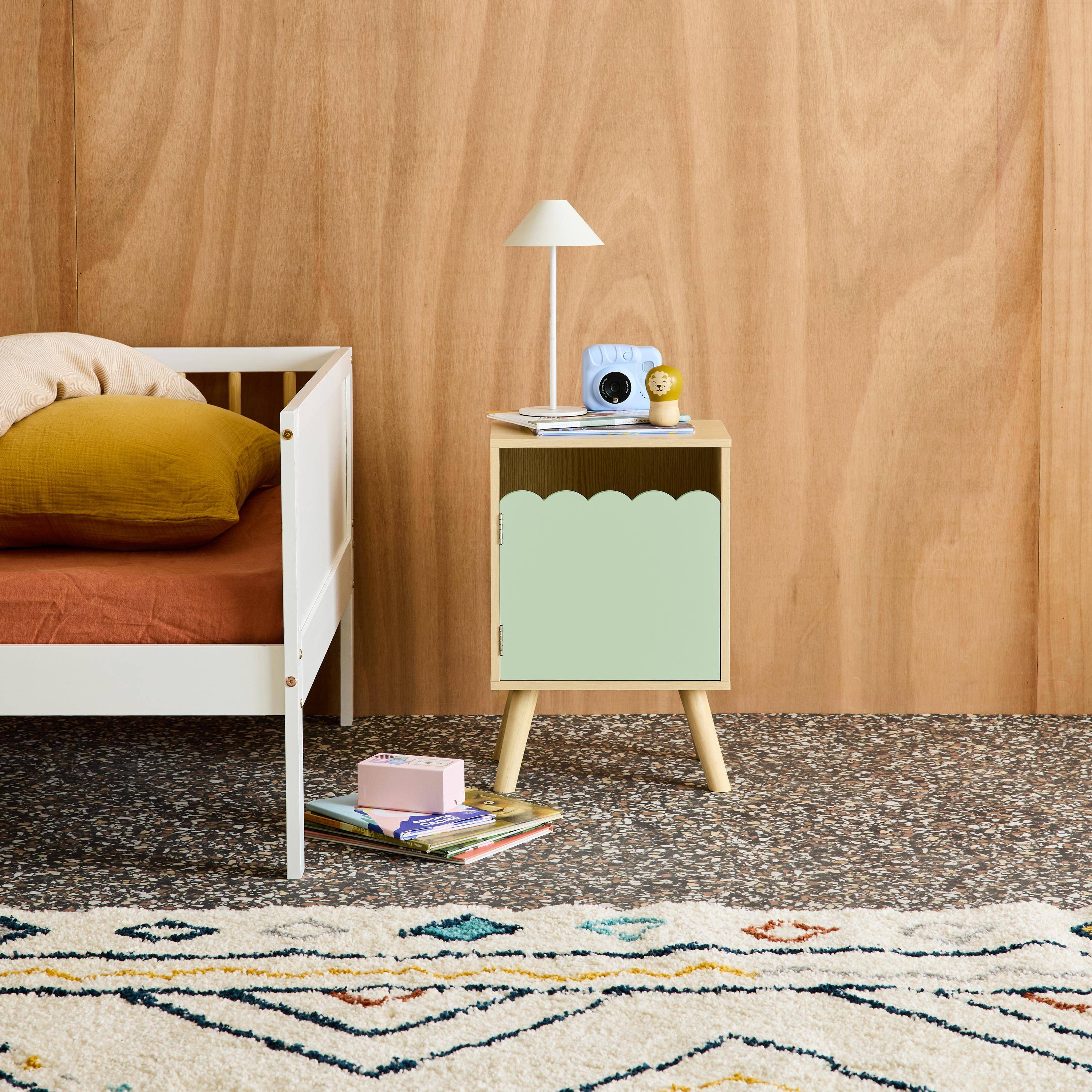 Mesita de noche infantil con patas de madera de pino, 1 puerta Verde - 34x23.5x52 cm Photo1
