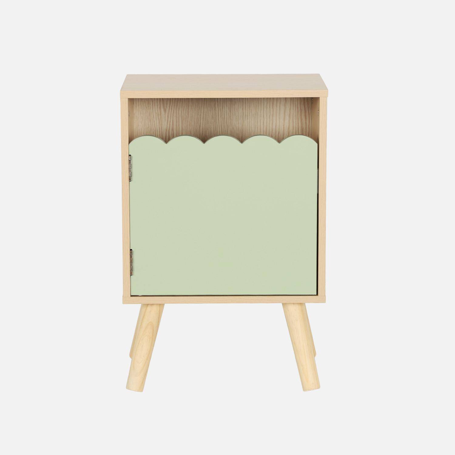 Mesita de noche infantil con patas de madera de pino, 1 puerta, Azur, Verde, 34x23.5x52 cm Photo2