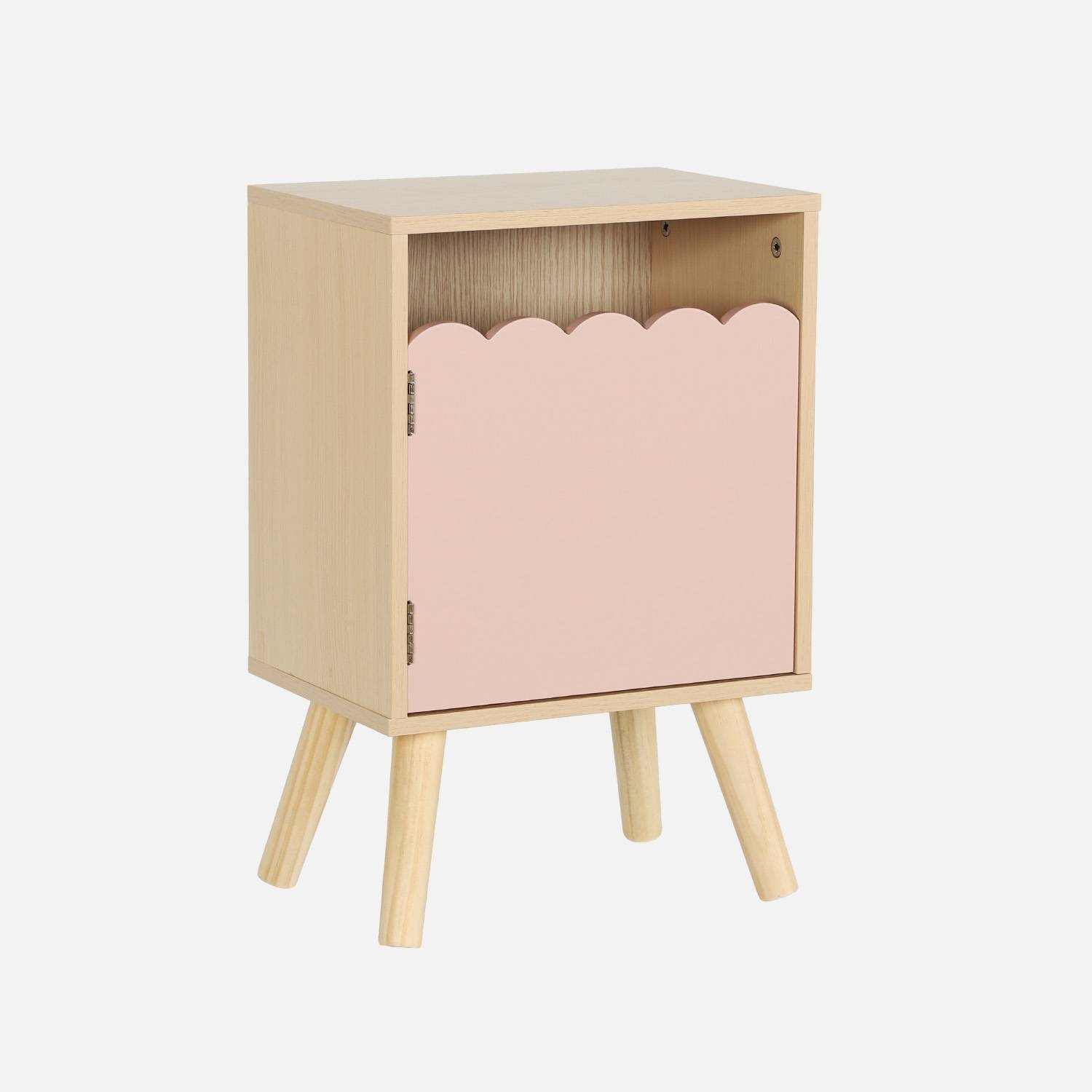 Mesita de noche infantil con patas de madera de pino, 1 puerta, Rosa