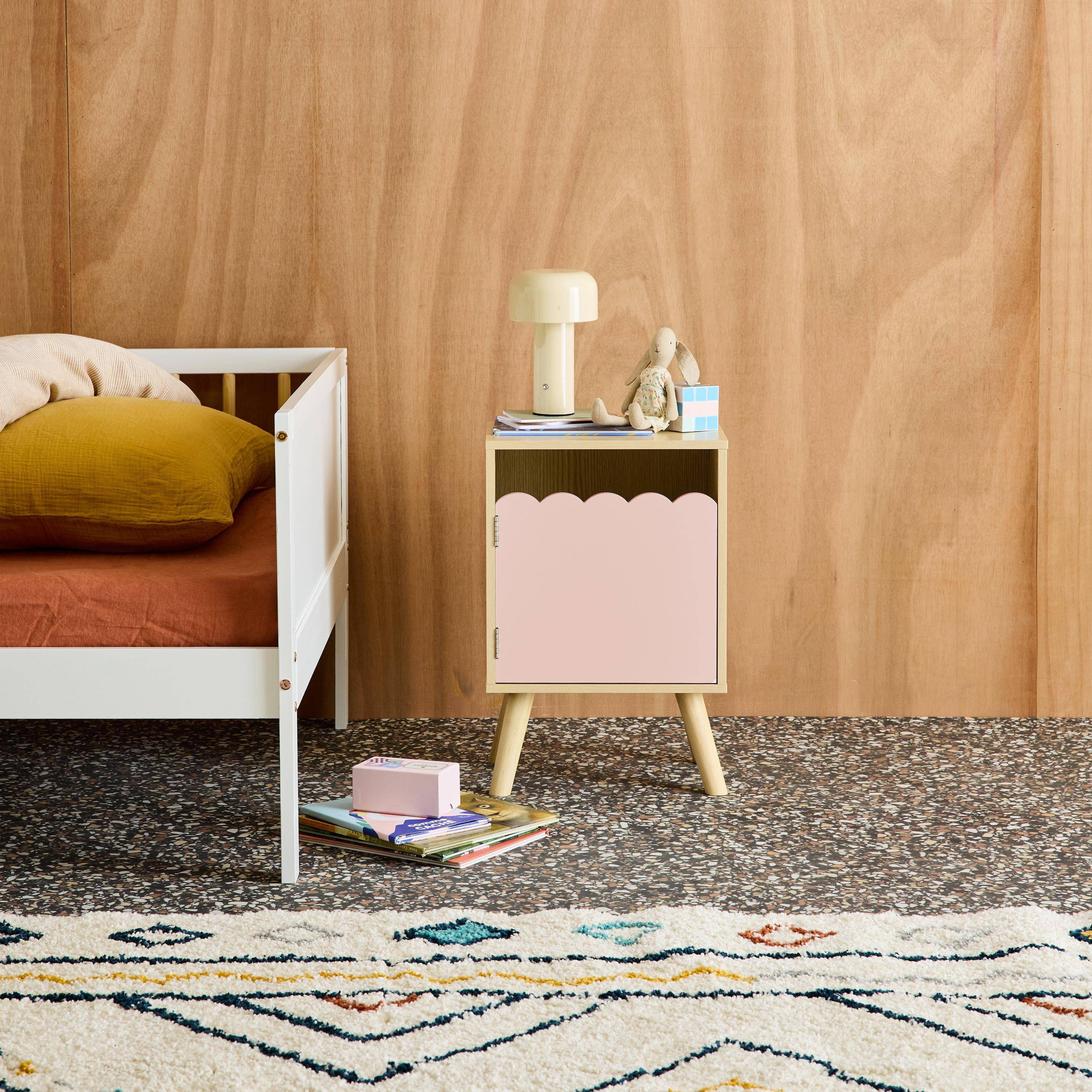 Mesita de noche infantil con patas de madera de pino, 1 puerta Rosa - 51x34x24 cm Photo1
