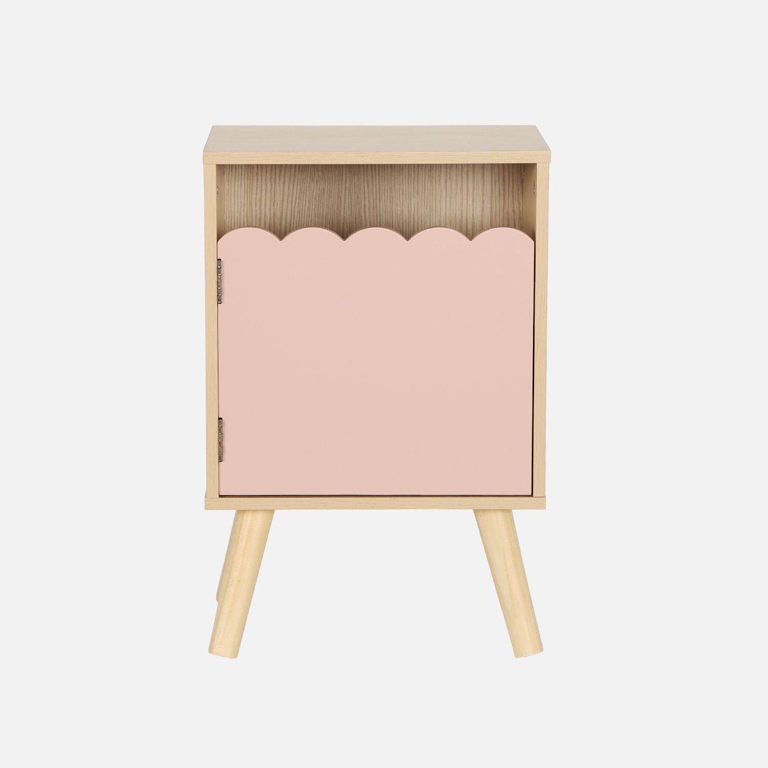 Mesita de noche infantil con patas de madera de pino, 1 puerta, Azur, Rosa, 34x23.5x52 cm Photo2