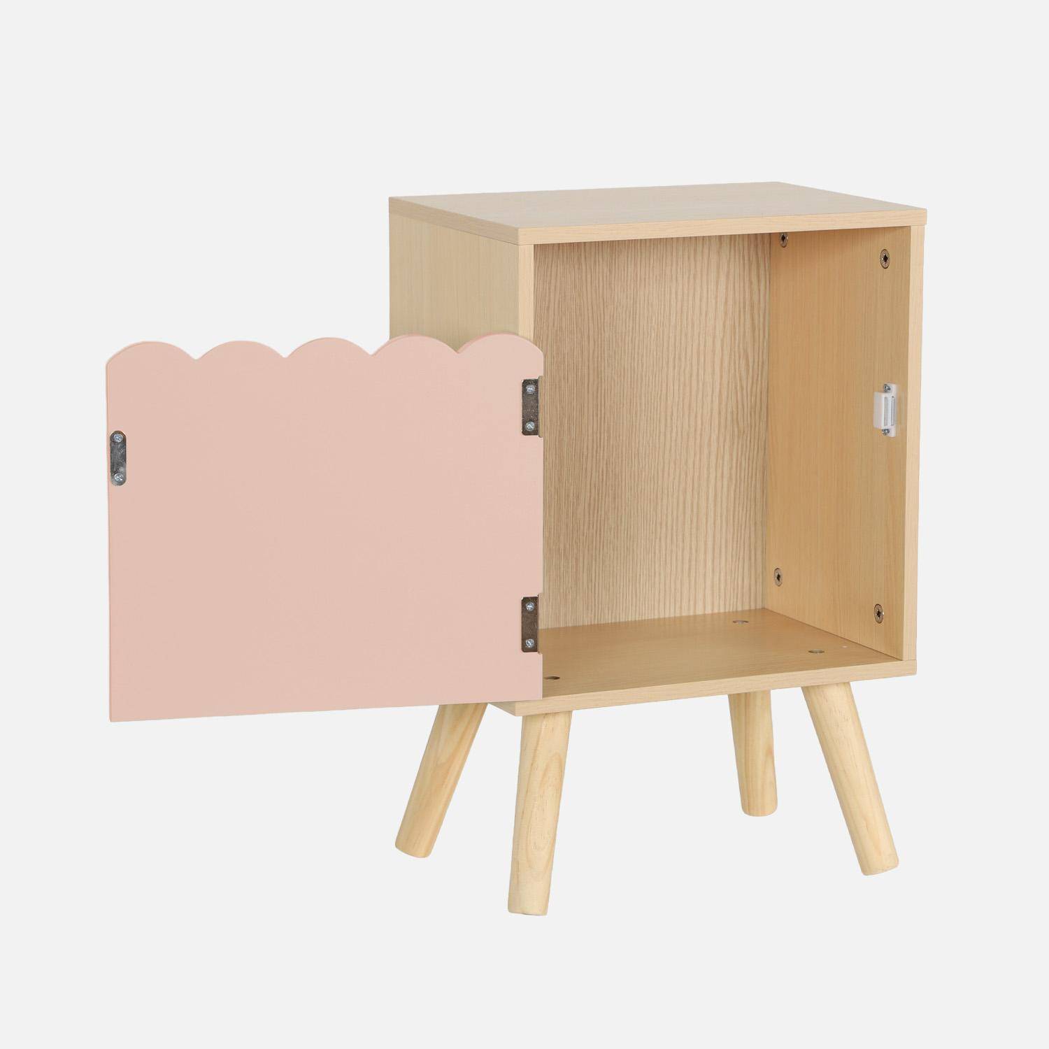 Mesita de noche infantil con patas de madera de pino, 1 puerta, Azur, Rosa, 34x23.5x52 cm Photo3