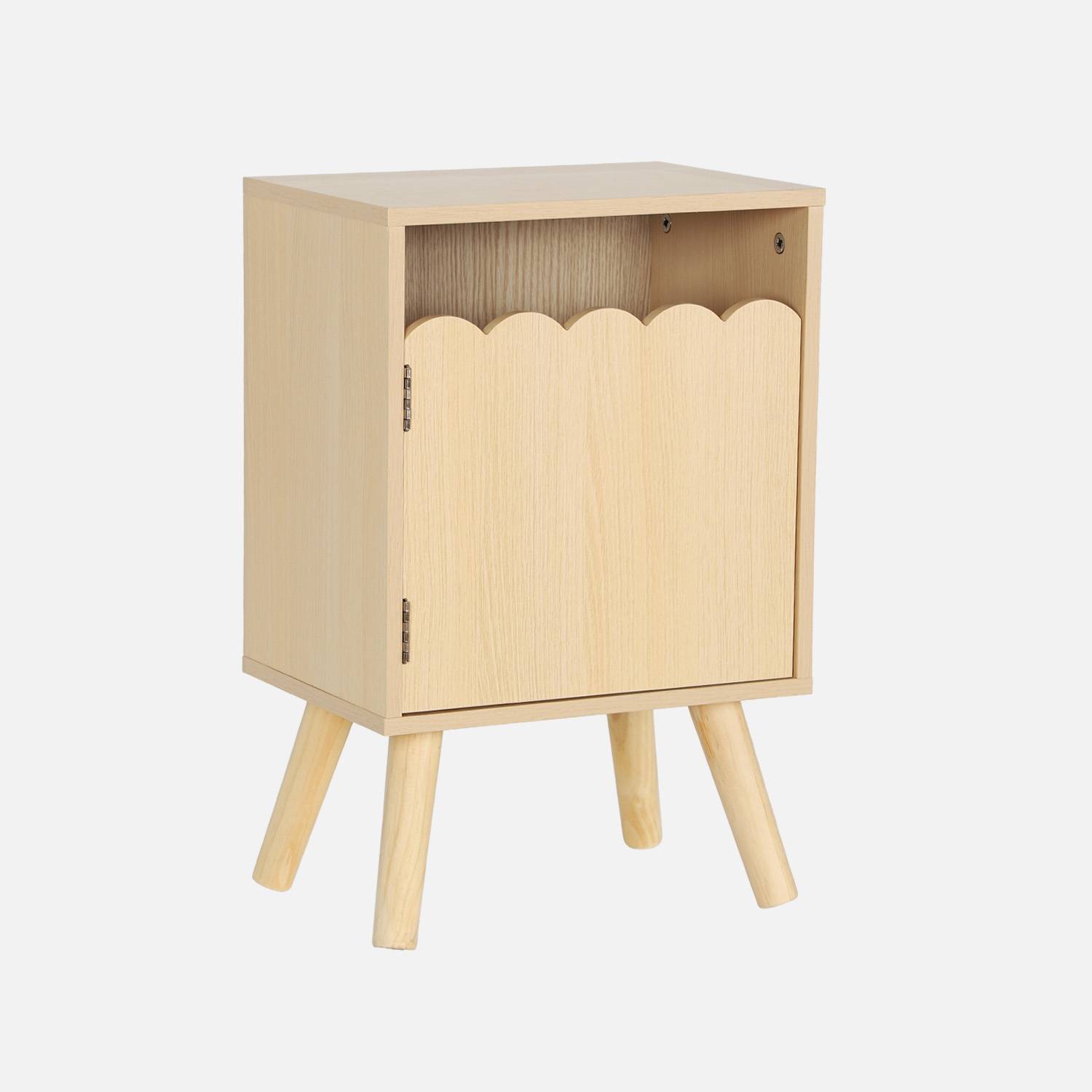 Mesita de noche infantil con patas de madera de pino, 1 puerta, Natural