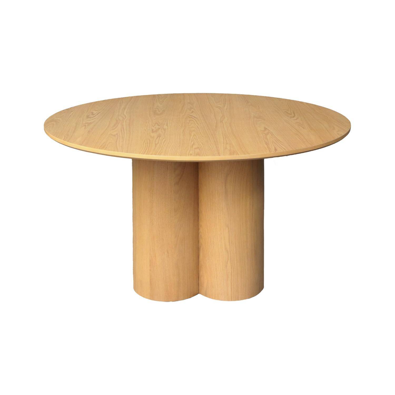 Table à manger ronde bois d'hévéa et placage chêne naturel 4 places 130cm - Leonore Photo2