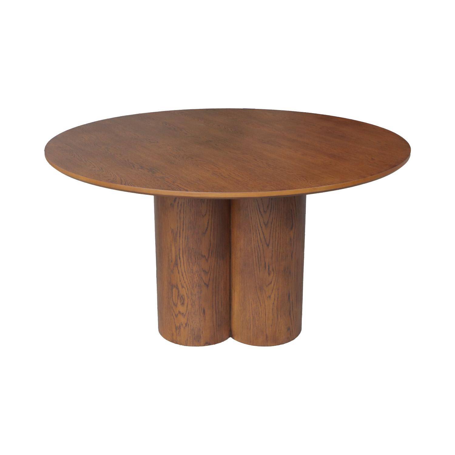 Table à manger ronde bois d'hévéa et placage chêne noyer 4 places 130cm - Leonore Photo2