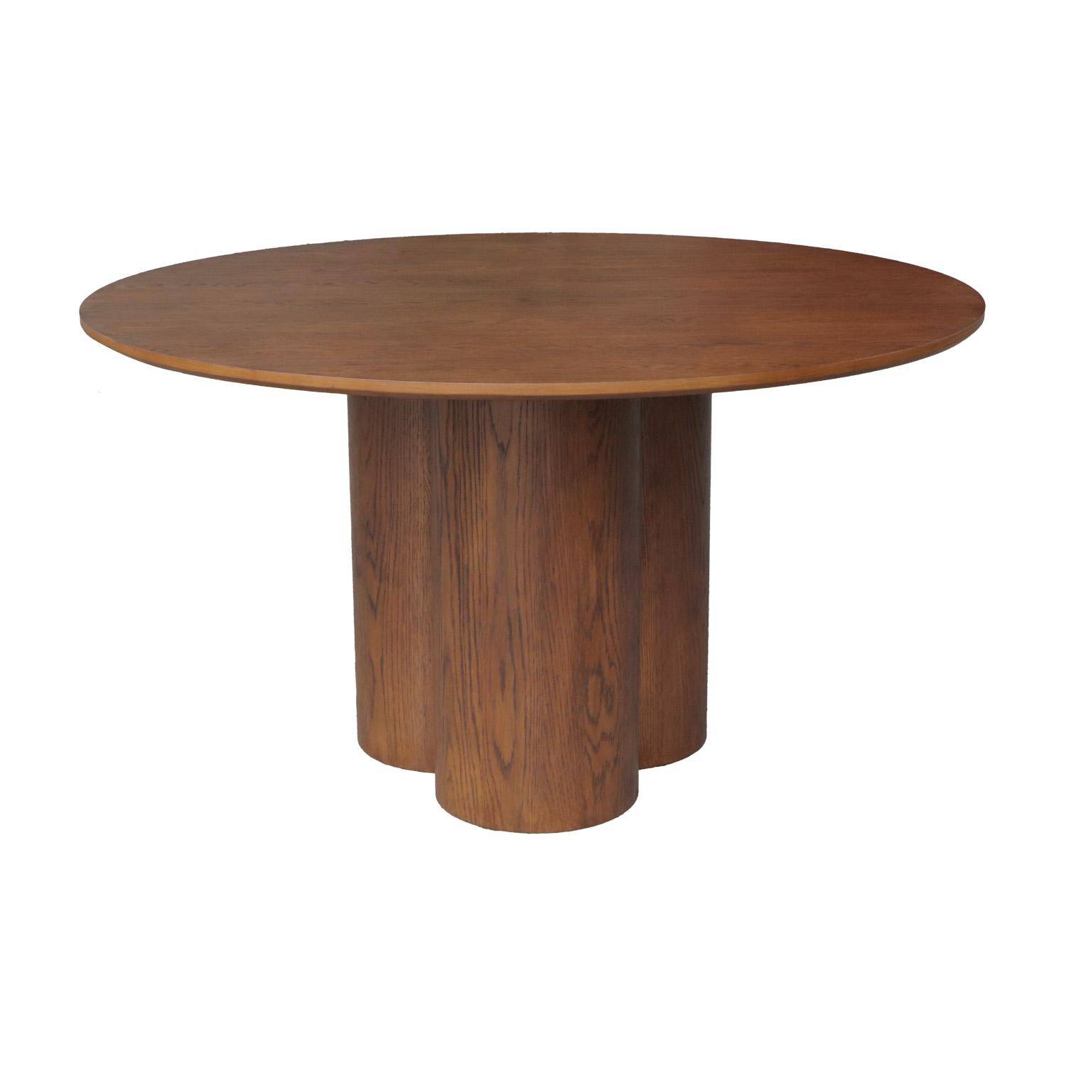 Table à manger ronde bois d'hévéa et placage chêne noyer 4 places 130cm - Leonore Photo1