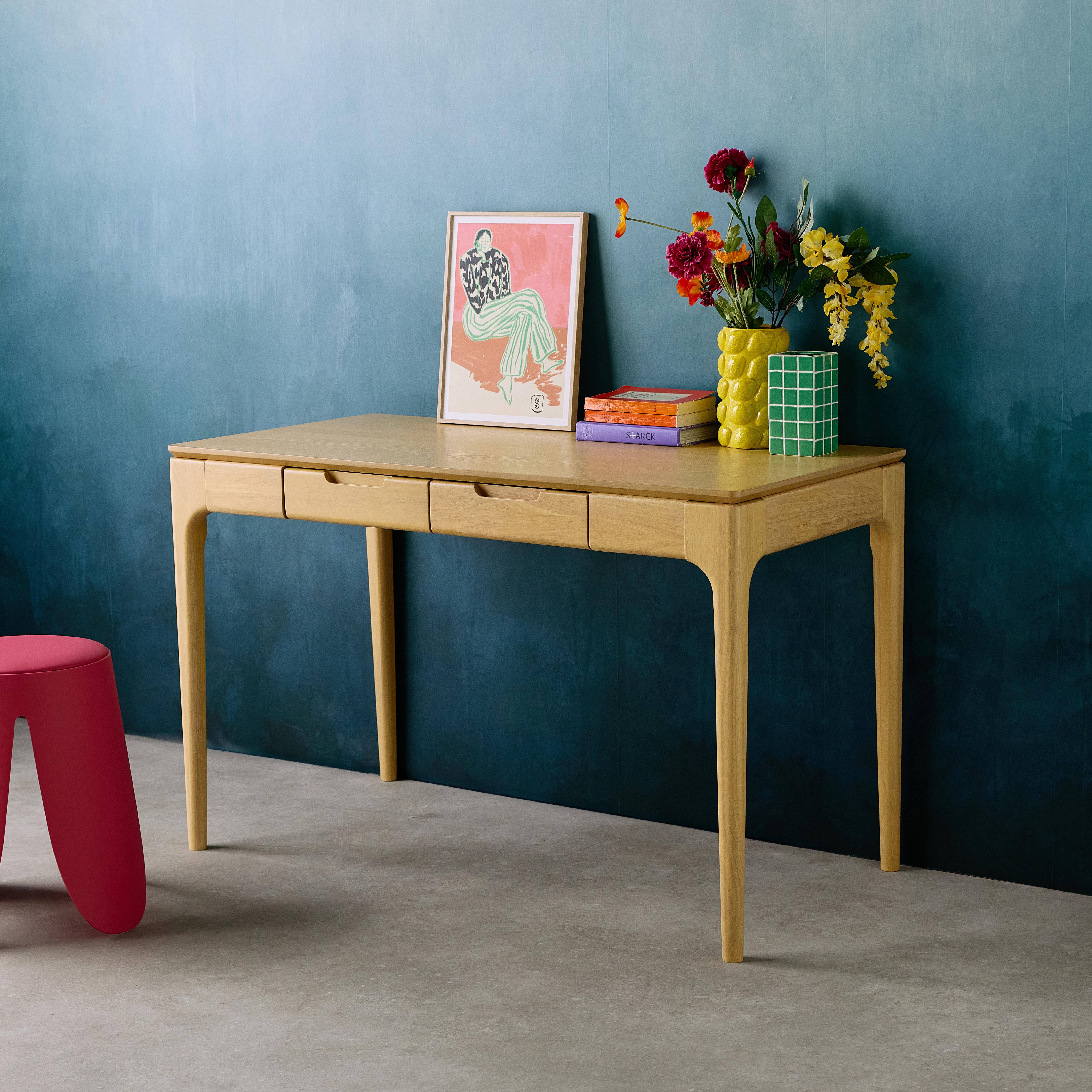 Rubberwood desk with ash veneer and 2 natural drawers - L 120 x W 60 x H 76 cm - Alienor,sweeek,Photo2
