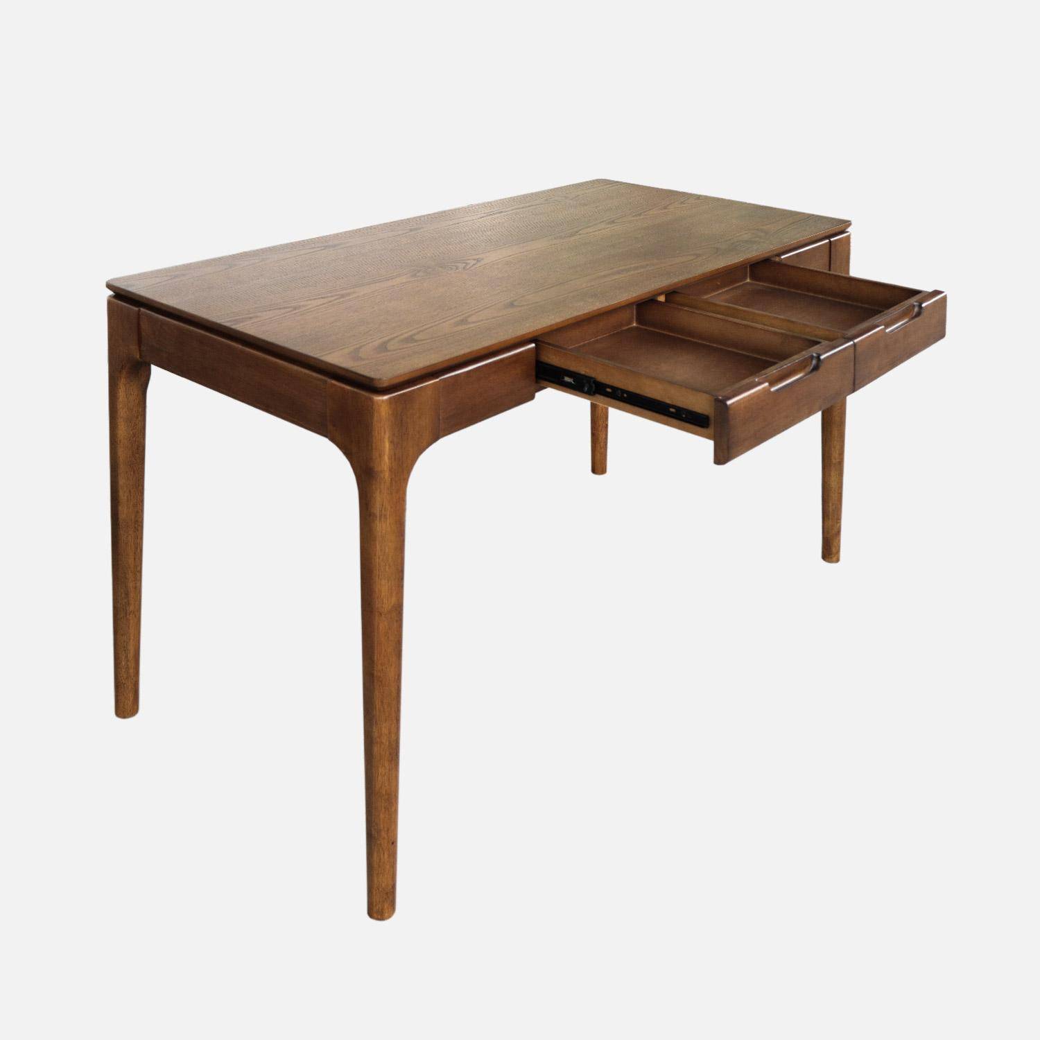 Escritorio de madera de hévea con chapa de fresno y 2 cajones, Alienor, Madera de nogal, 120x60x76 cm,sweeek,Photo3