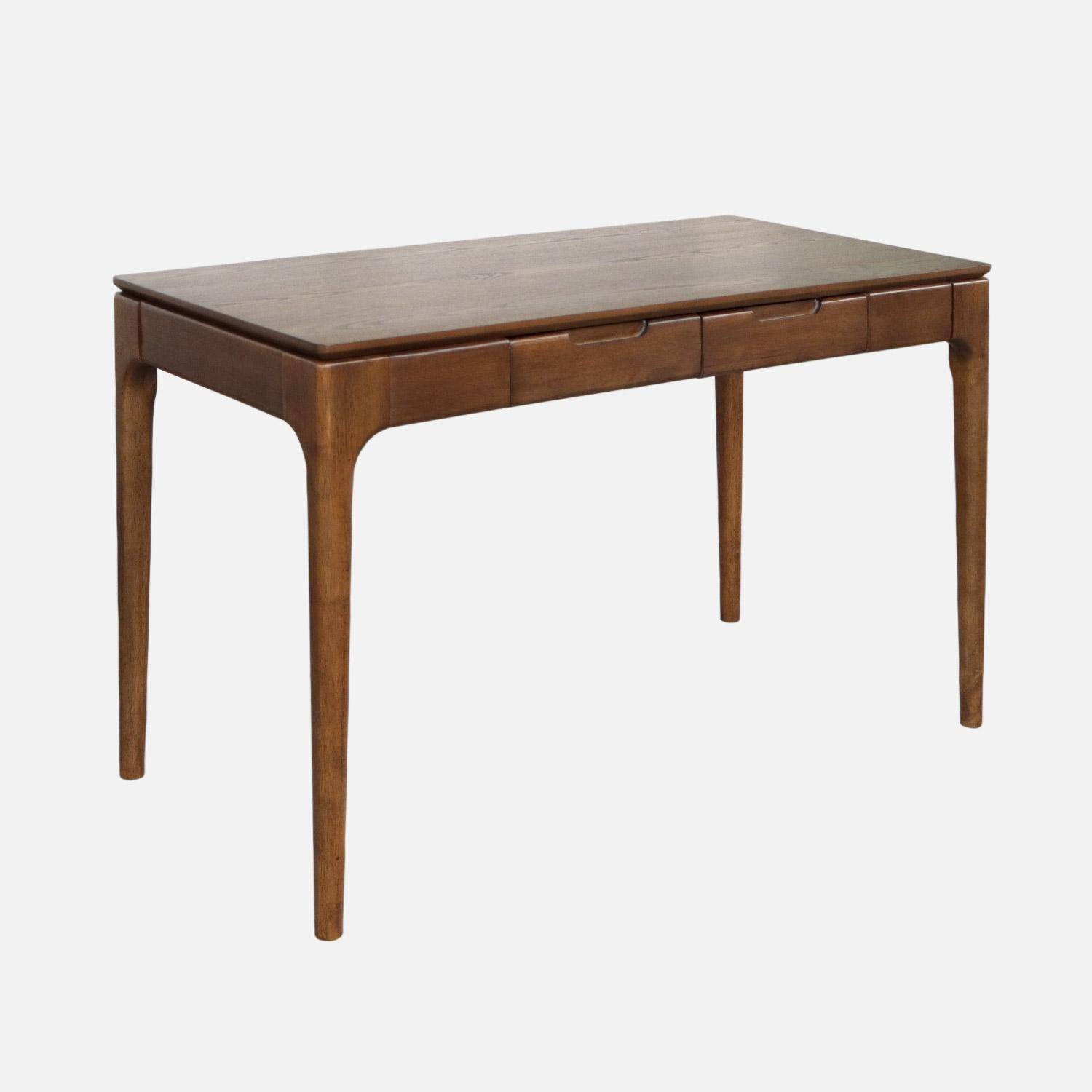 Escritorio de madera de hévea con chapa de fresno y 2 cajones, Alienor, Madera de nogal, 120x60x76 cm Photo1