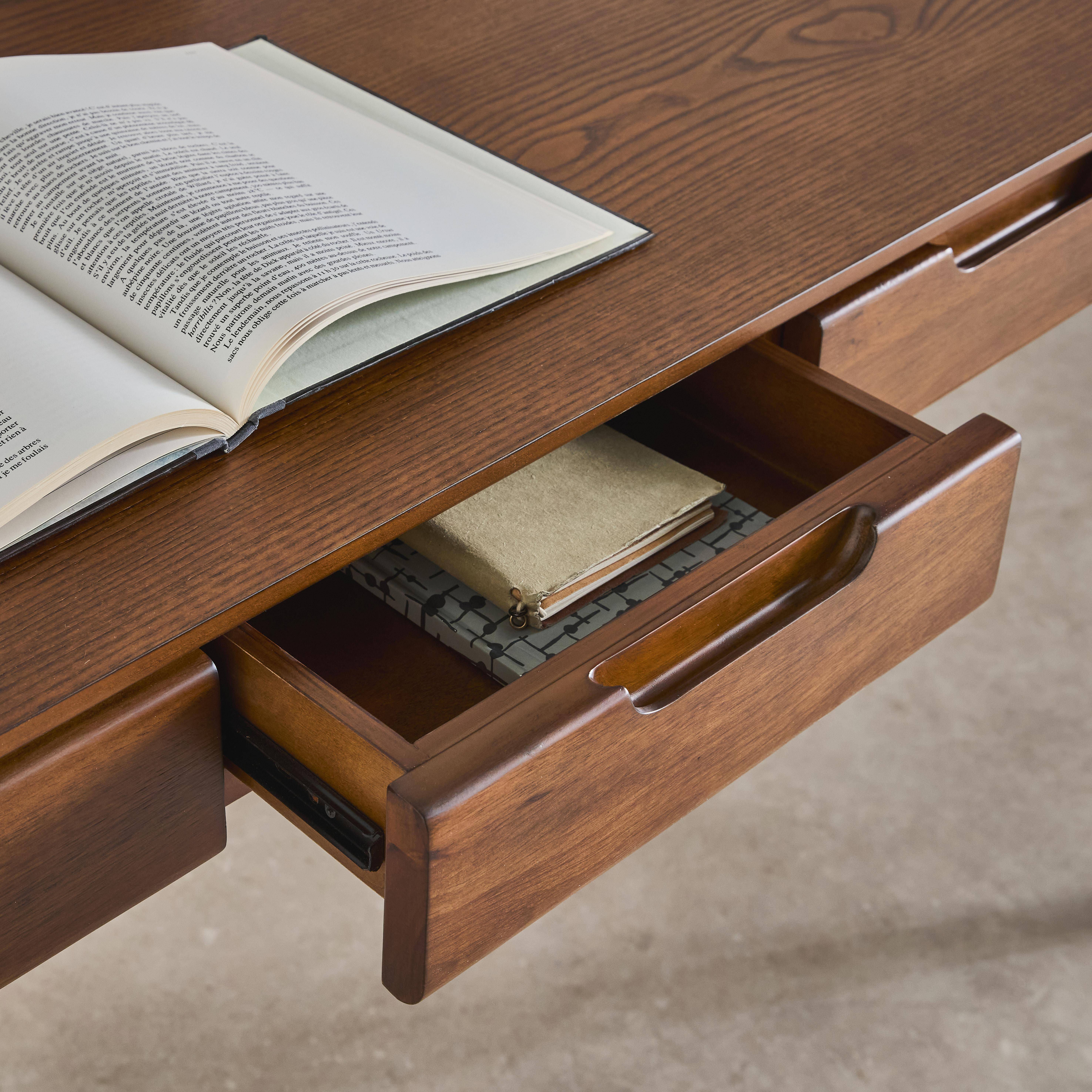 Biurko drewno kauczukowego okleina jesionowa 2 szuflady kolor orzech - dł. 120 x szer. 60 x wys. 76 cm - Alienor,sweeek,Photo3