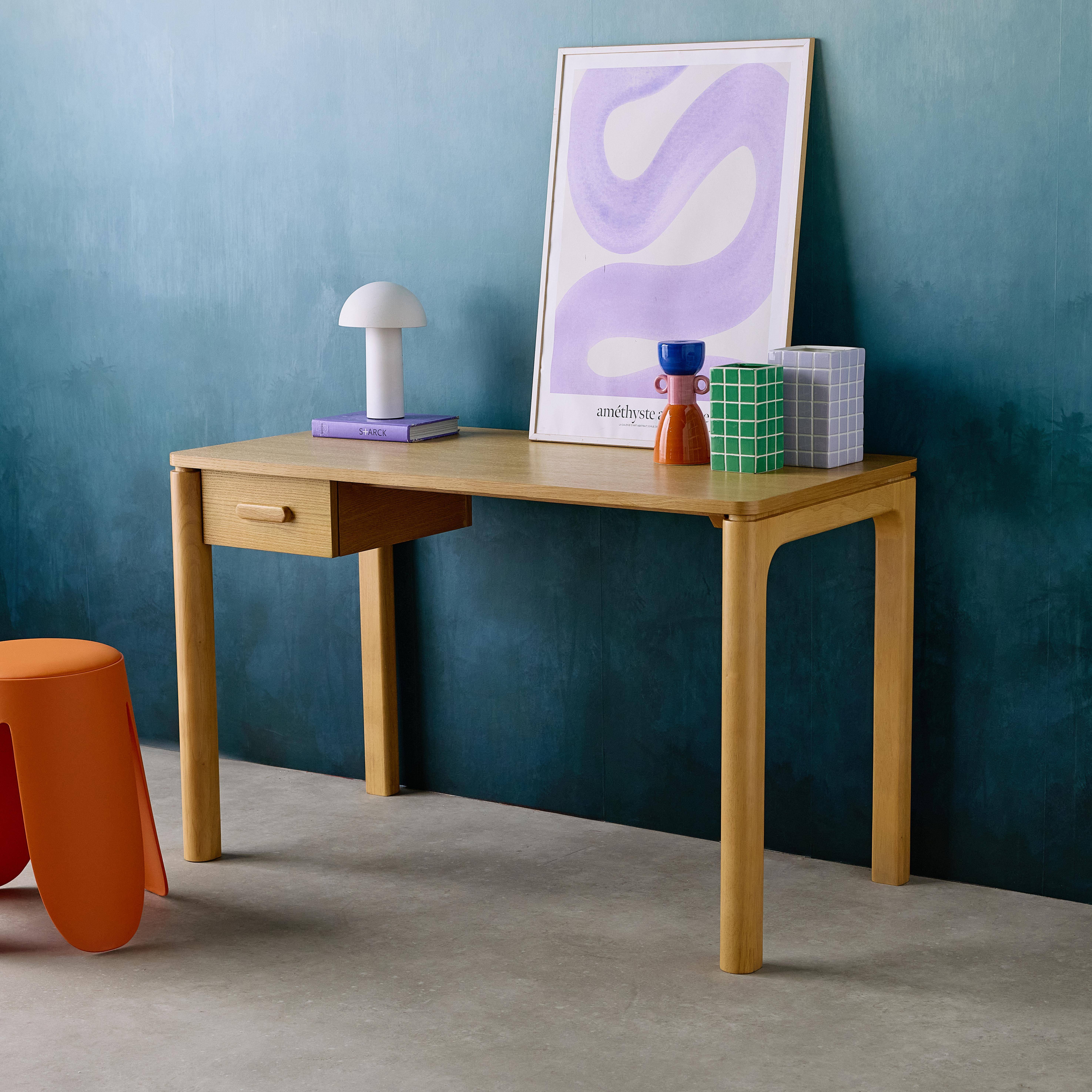 Schreibtisch aus Heveaholz Platte mit naturfarbenem Eichenfurnier 1 Schublade - L 120 x B 60 x H 75 cm - Garance ,sweeek,Photo2
