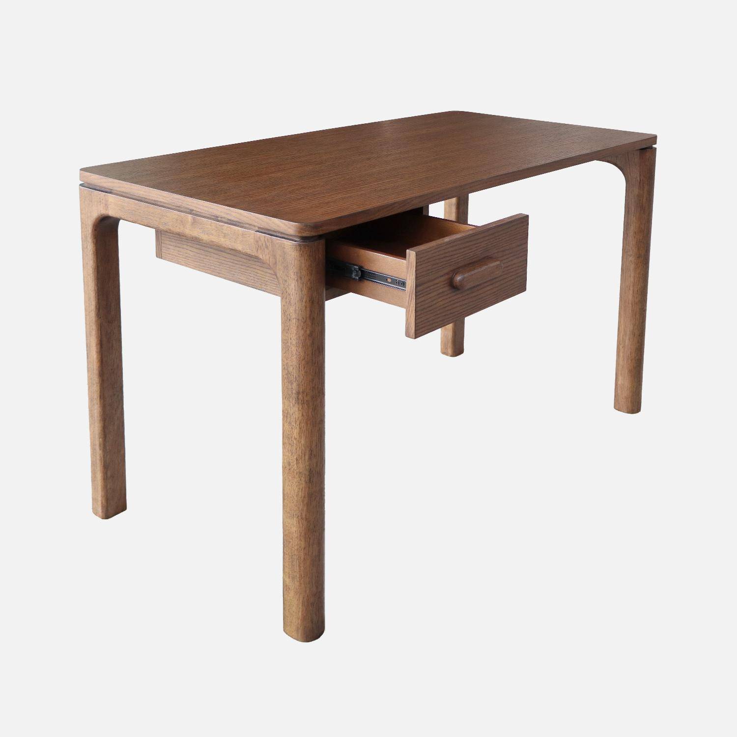 Escritorio de madera de hevea con chapa de roble, 1 cajón, Garance, Madera de nogal, 120x60x75 cm,sweeek,Photo3