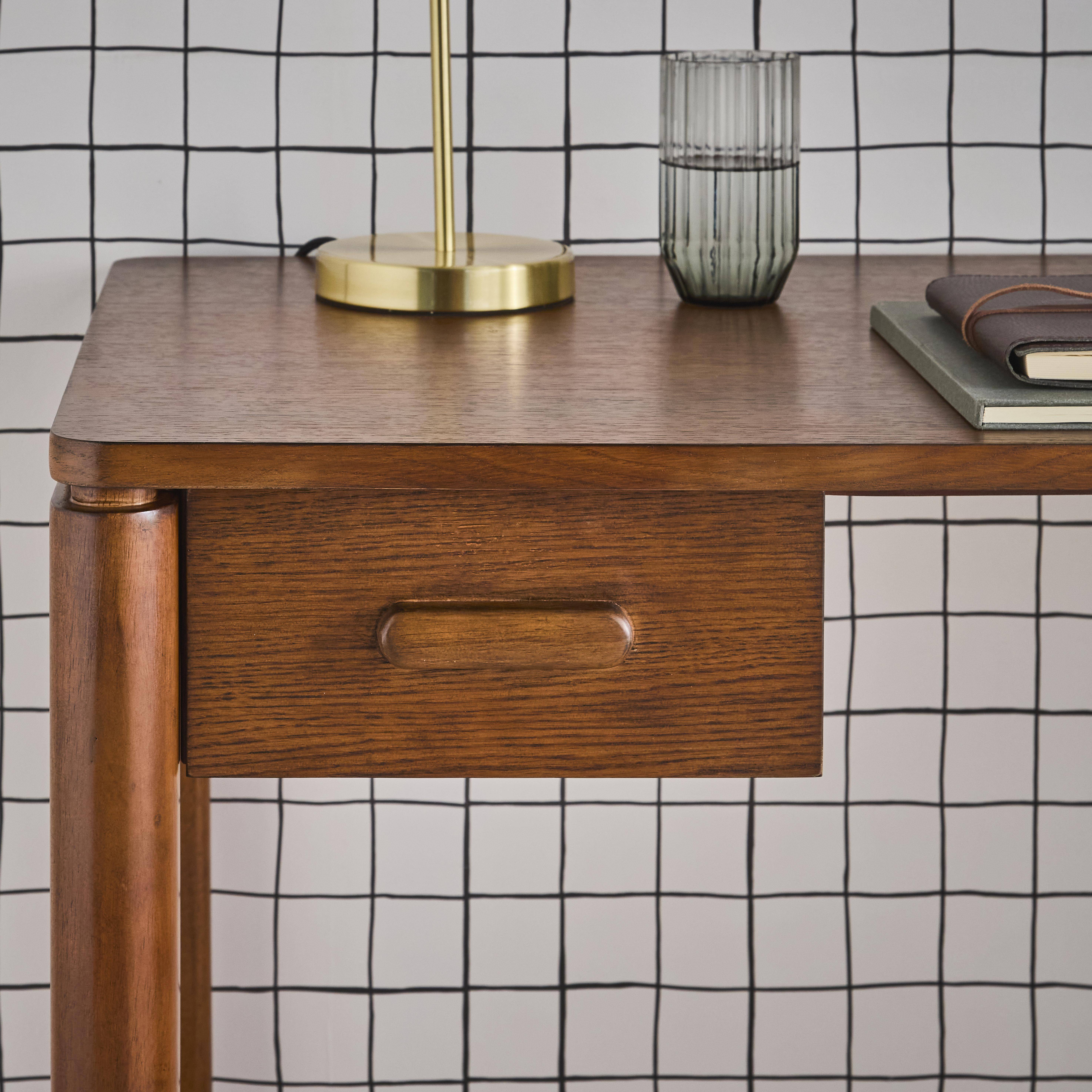 Escritorio de madera de hevea con chapa de roble, 1 cajón, Garance, Nogal, 120x60x75 cm Photo5