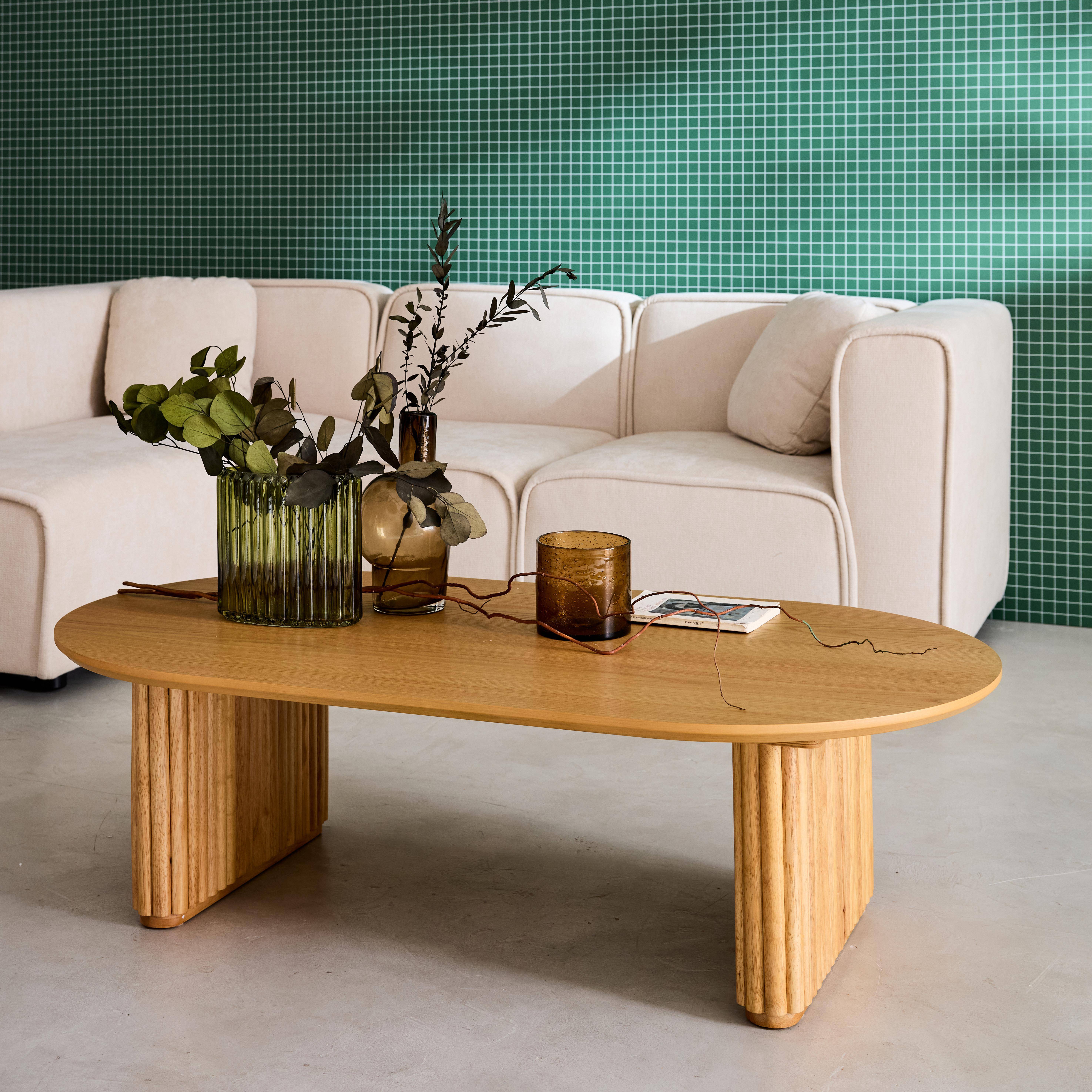 Ovaler Couchtisch Heveaholz und Eichenfurnier naturfarben