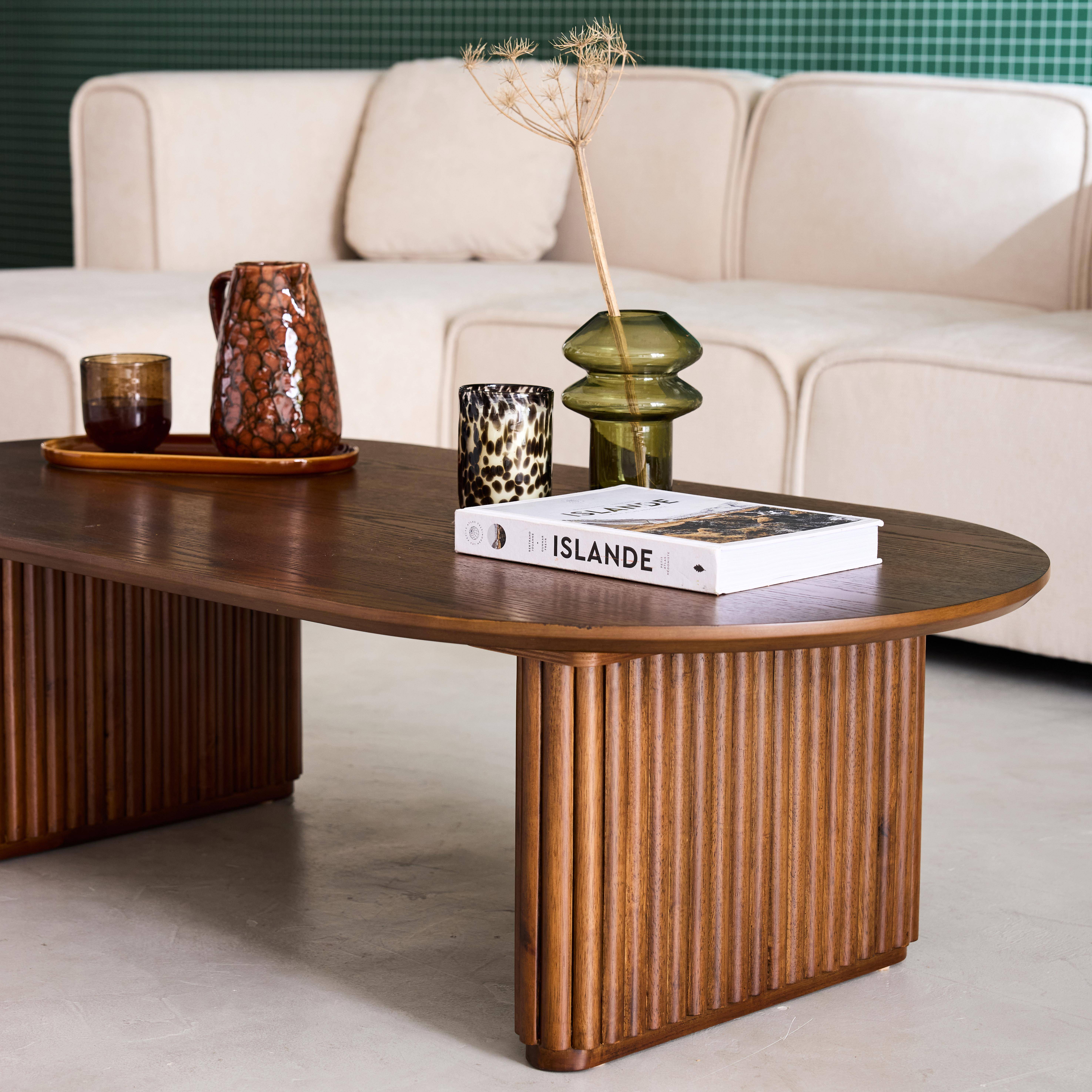 Ovaler Couchtisch Heveaholz und Eichenfurnier nussbaumfarben