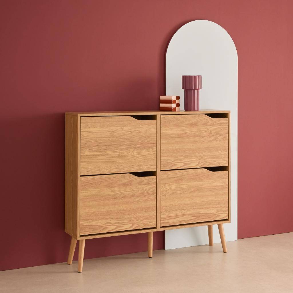 Wood effect shoe cabinet 4 drawers, Natural, 110x23x96 cm - Nepal Photo2