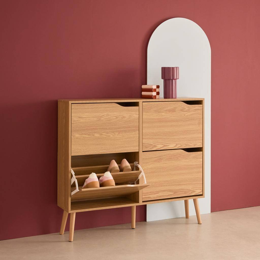 Wood effect shoe cabinet 4 drawers, Natural, 110x23x96 cm - Nepal Photo3