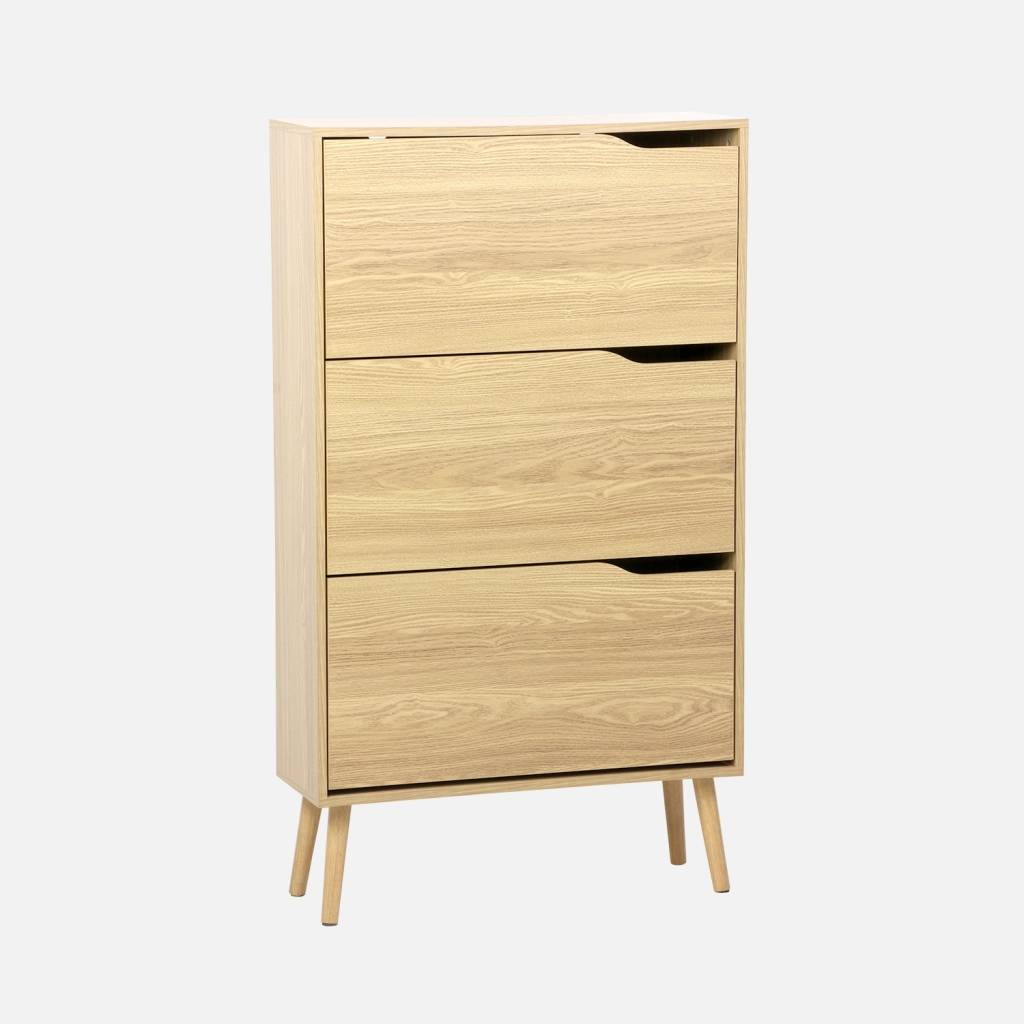 Schoenenkast met houtdecor 3 kleplades 18 schoenen naturel
