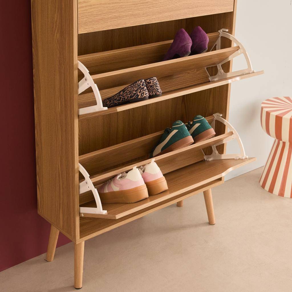 Schoenenkast met houtdecor 3 kleplades 18 schoenen naturel L 75 x B 26 x H 131cm - Nepal Photo4