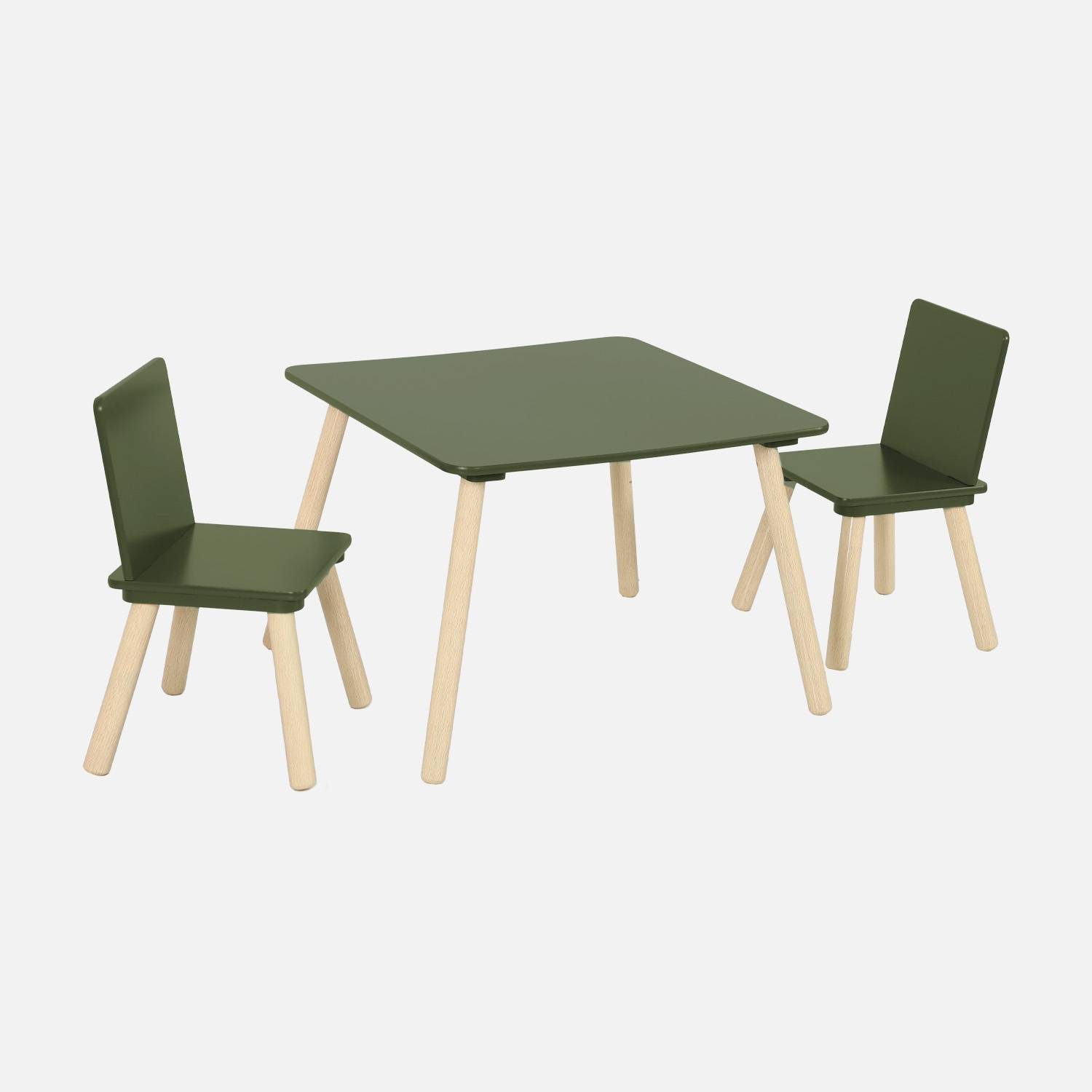 Table carrée enfant + 2 chaises, pieds pin, vert olive