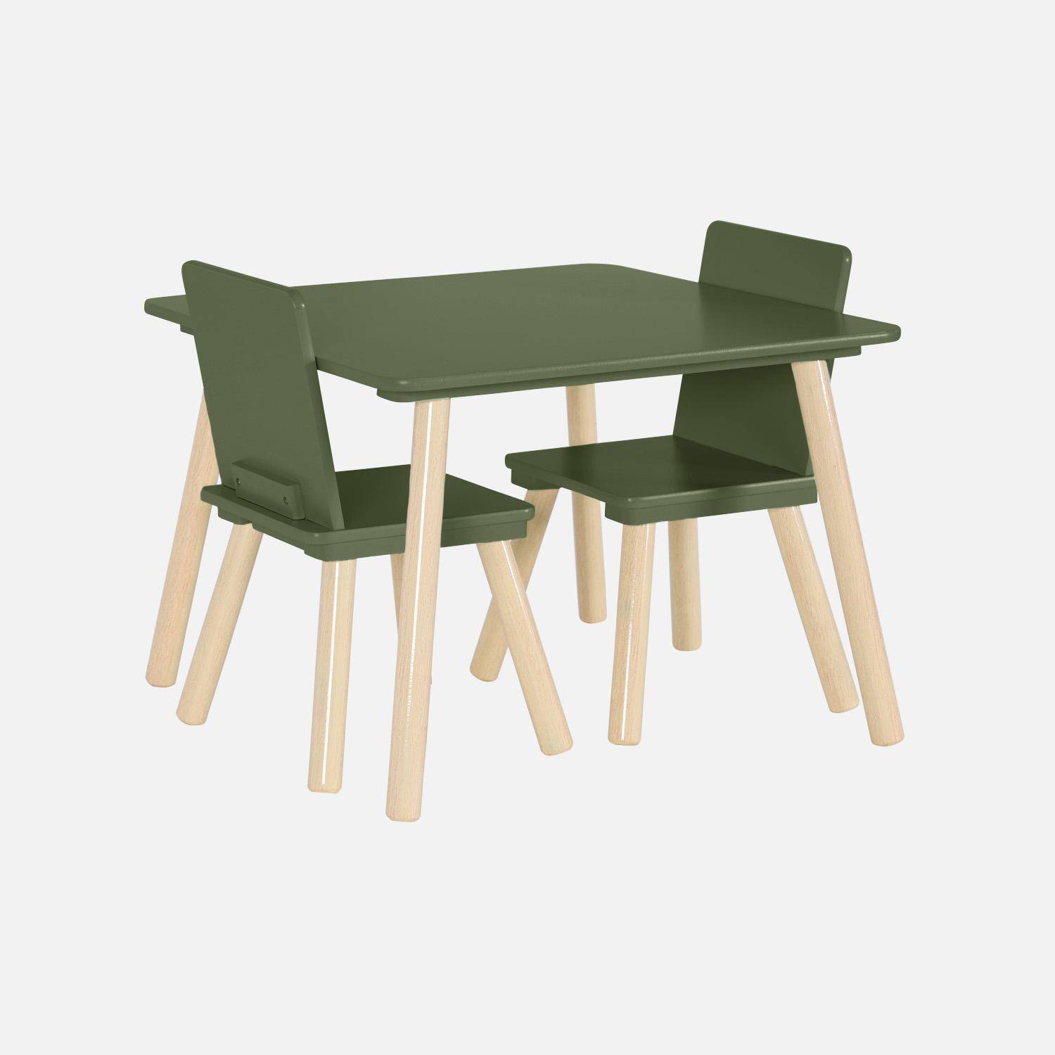 Mesa cuadrada infantil de madera de pino, 2 sillas, Judith, Verde oliva, 60x60x44 cm Photo2