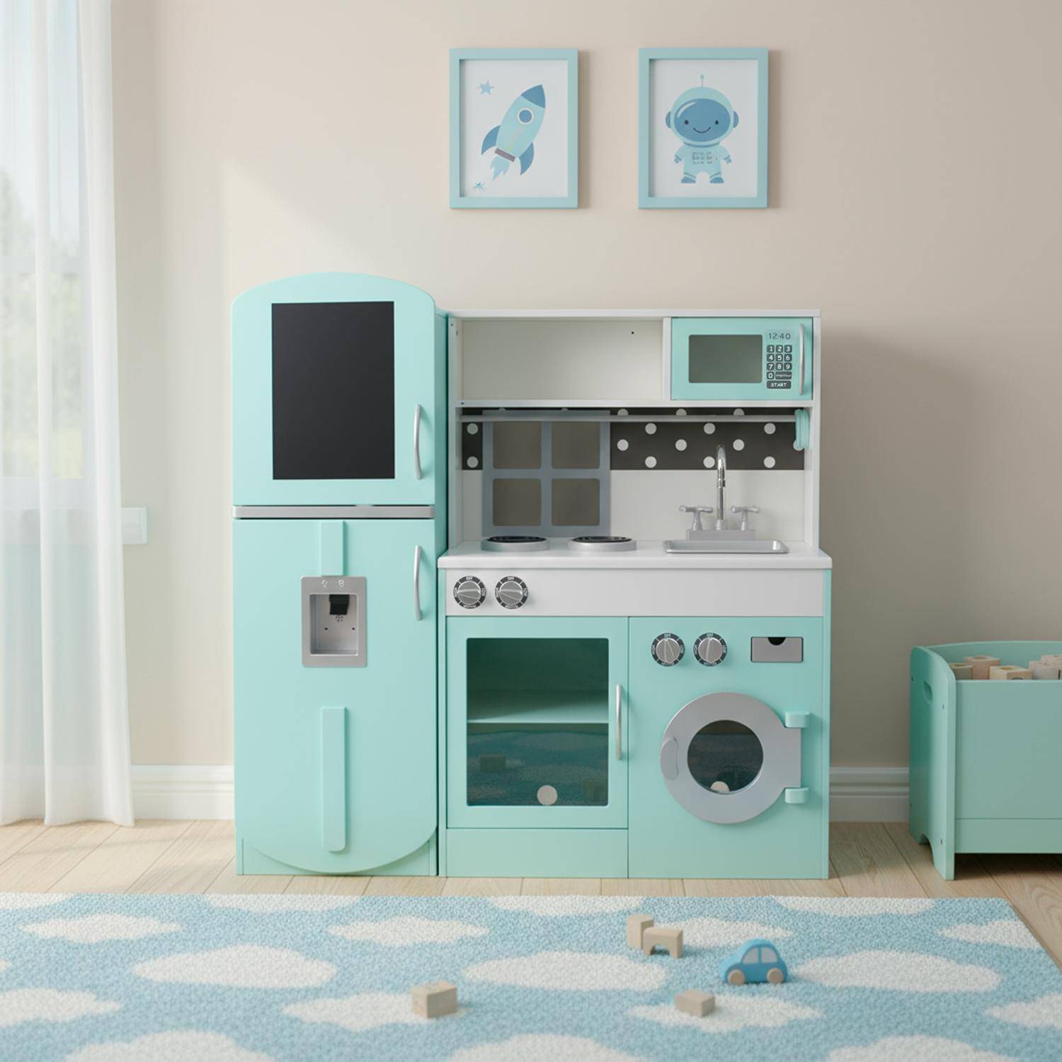 Houten modulaire kinderkeuken met 3 deuren en koelkast blauw 100 x 29 x 94,5 cm - Fizzy,sweeek,Photo1