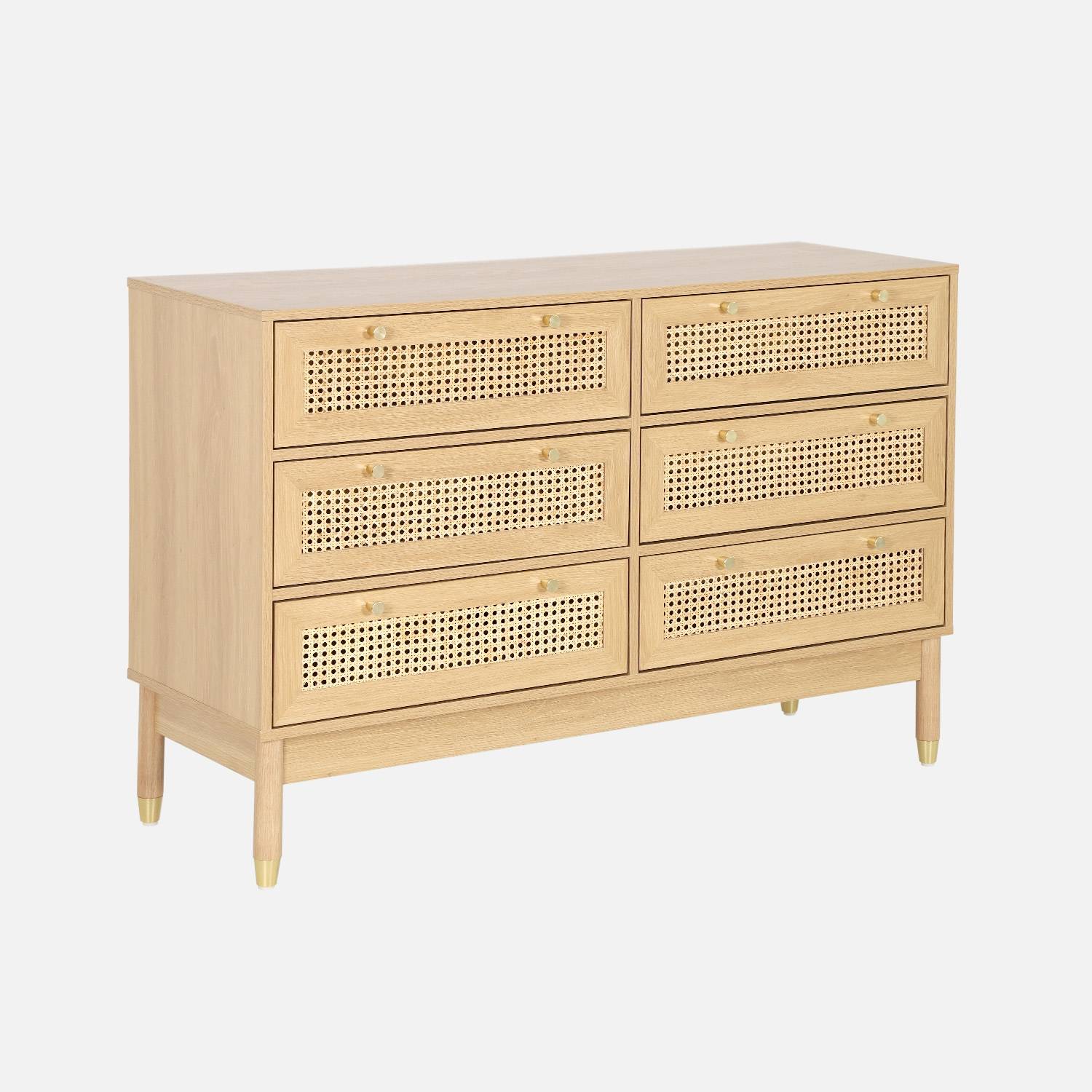 Cassettiera decorativa legno e rattan 6 cassetti, Marrone naturale