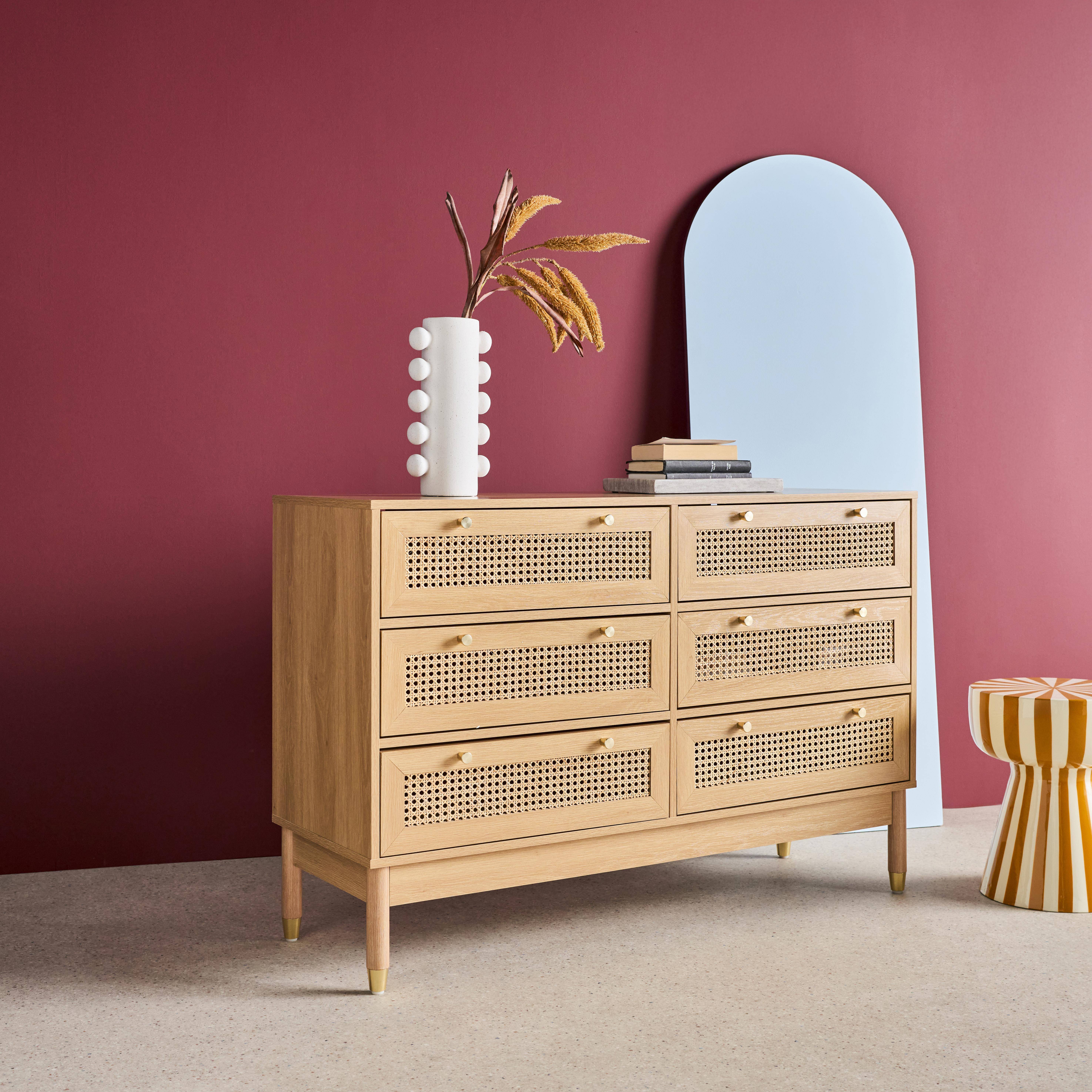 Commode décor bois et cannage 6 tiroirs teinte naturelle - 53 x 33,5 x 12,5 cm - Judith ,sweeek,Photo2