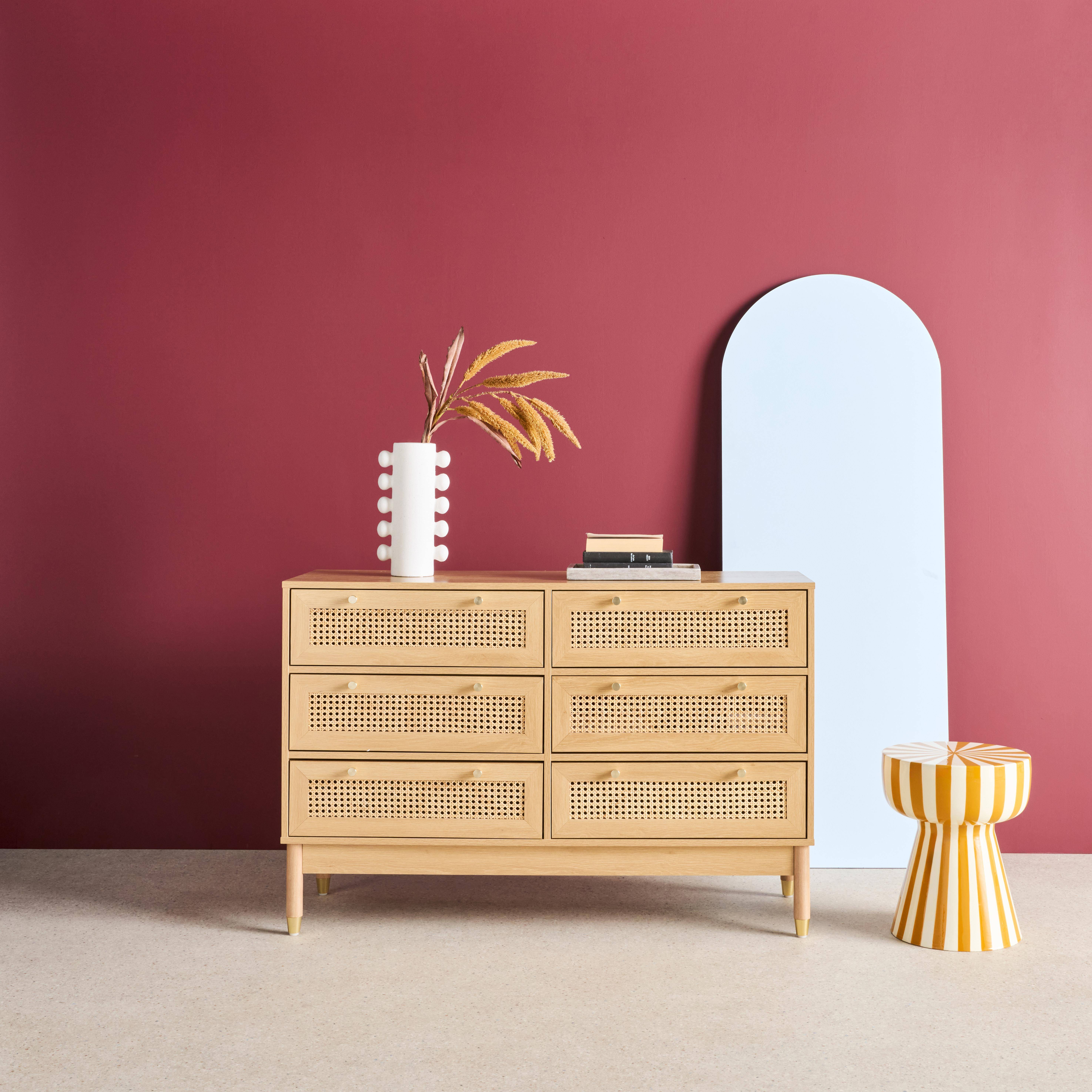 Commode décor bois et cannage 6 tiroirs teinte naturelle - 53 x 33,5 x 12,5 cm - Judith  Photo1