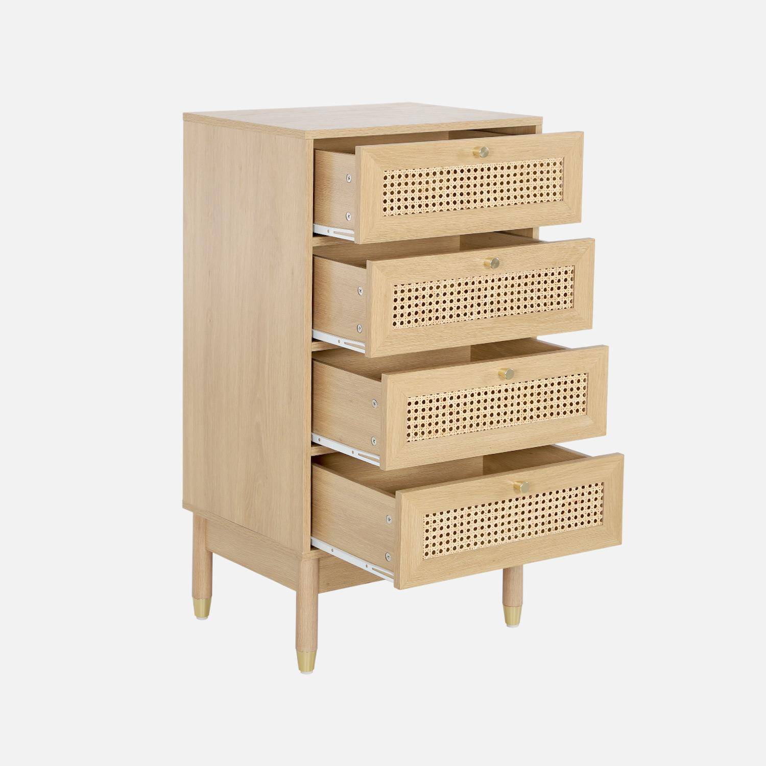 Commode chiffonnier décor bois et cannage 4 tiroirs teinte naturelle - 50 x 40 x 96 cm - Judith Photo3