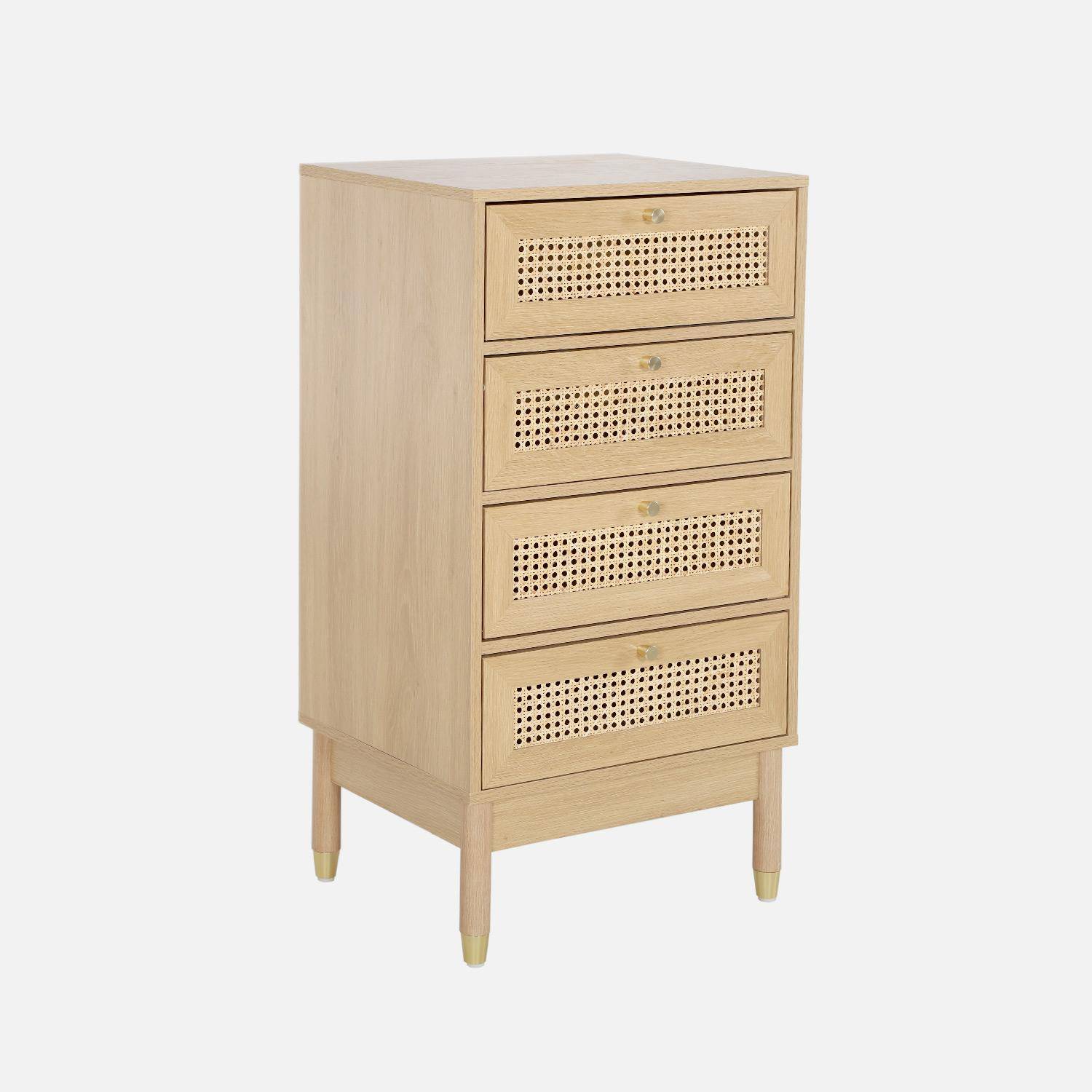 Commode chiffonnier décor bois et cannage 4 tiroirs teinte naturelle - 50 x 40 x 96 cm - Judith Photo1