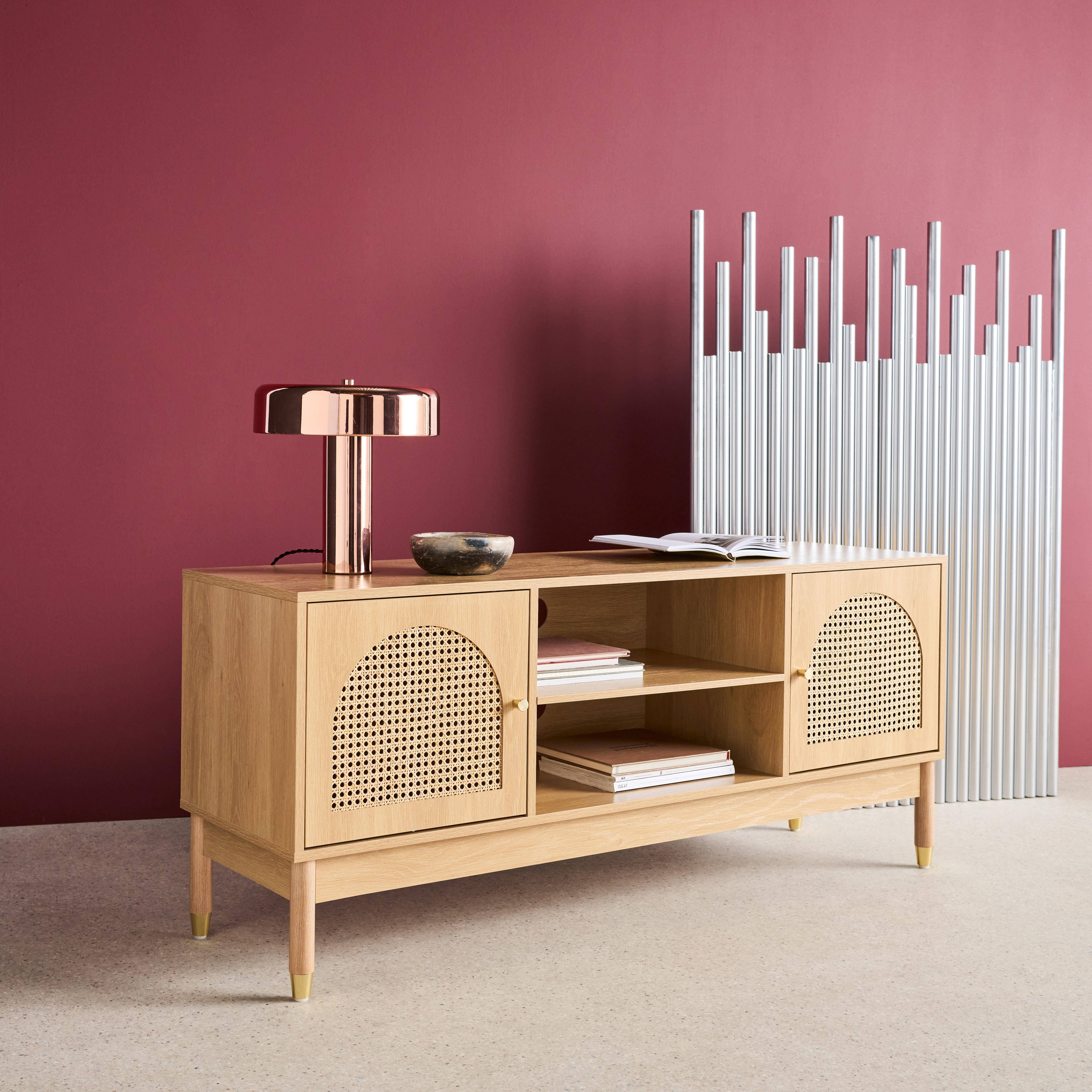 Móvel TV decorativo madeira e palha 2 portas, 140cm, Judith, Natural, 140x40x60 cm Photo2