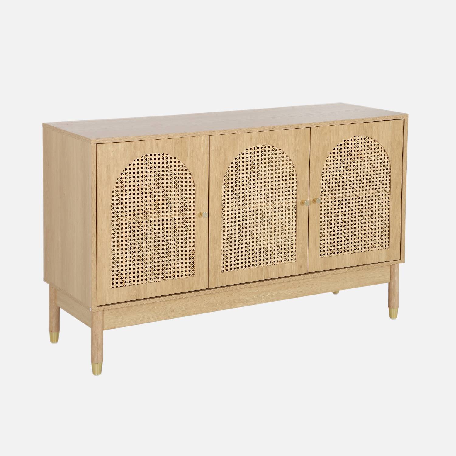 Credenza decorazione legno e canna 3 ante 120cm, Marrone naturale