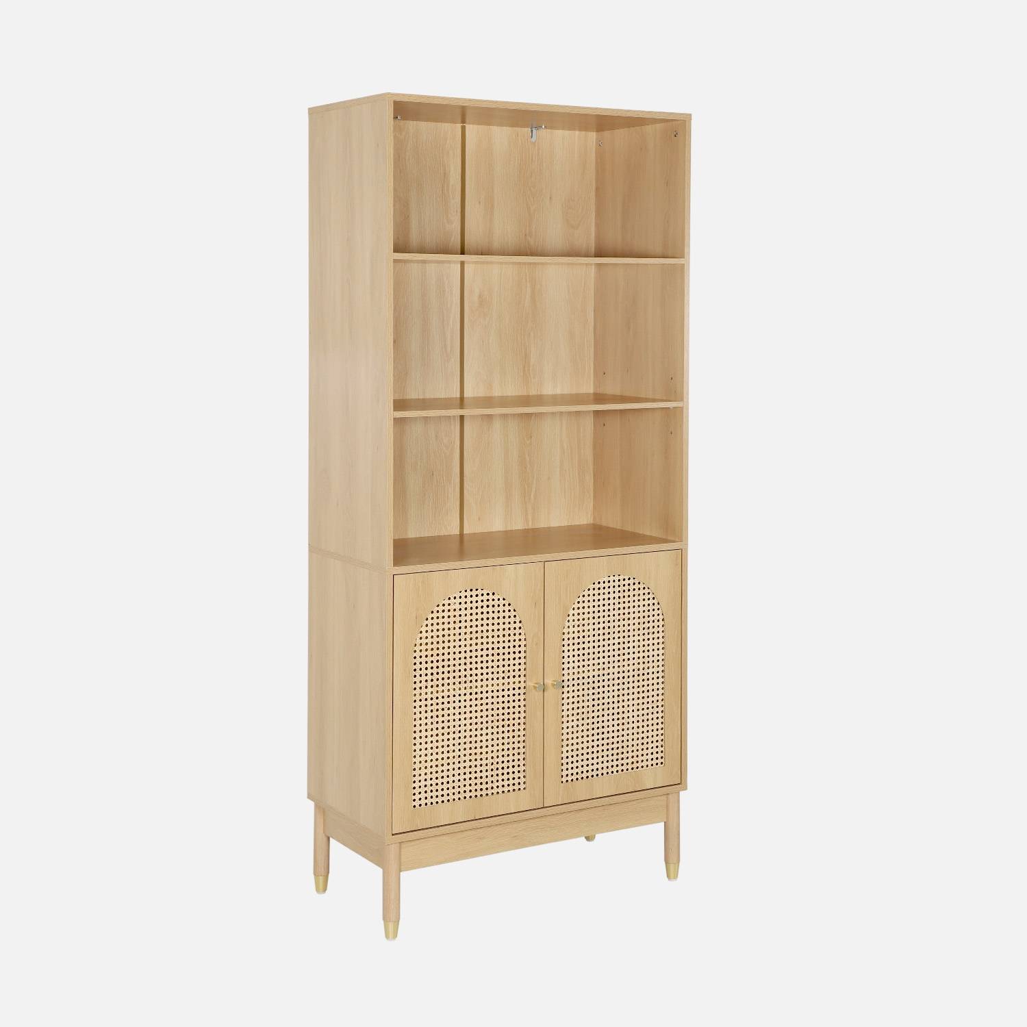 Libreria in legno e cannucciato con 2 ante a 4 livelli, Marrone naturale