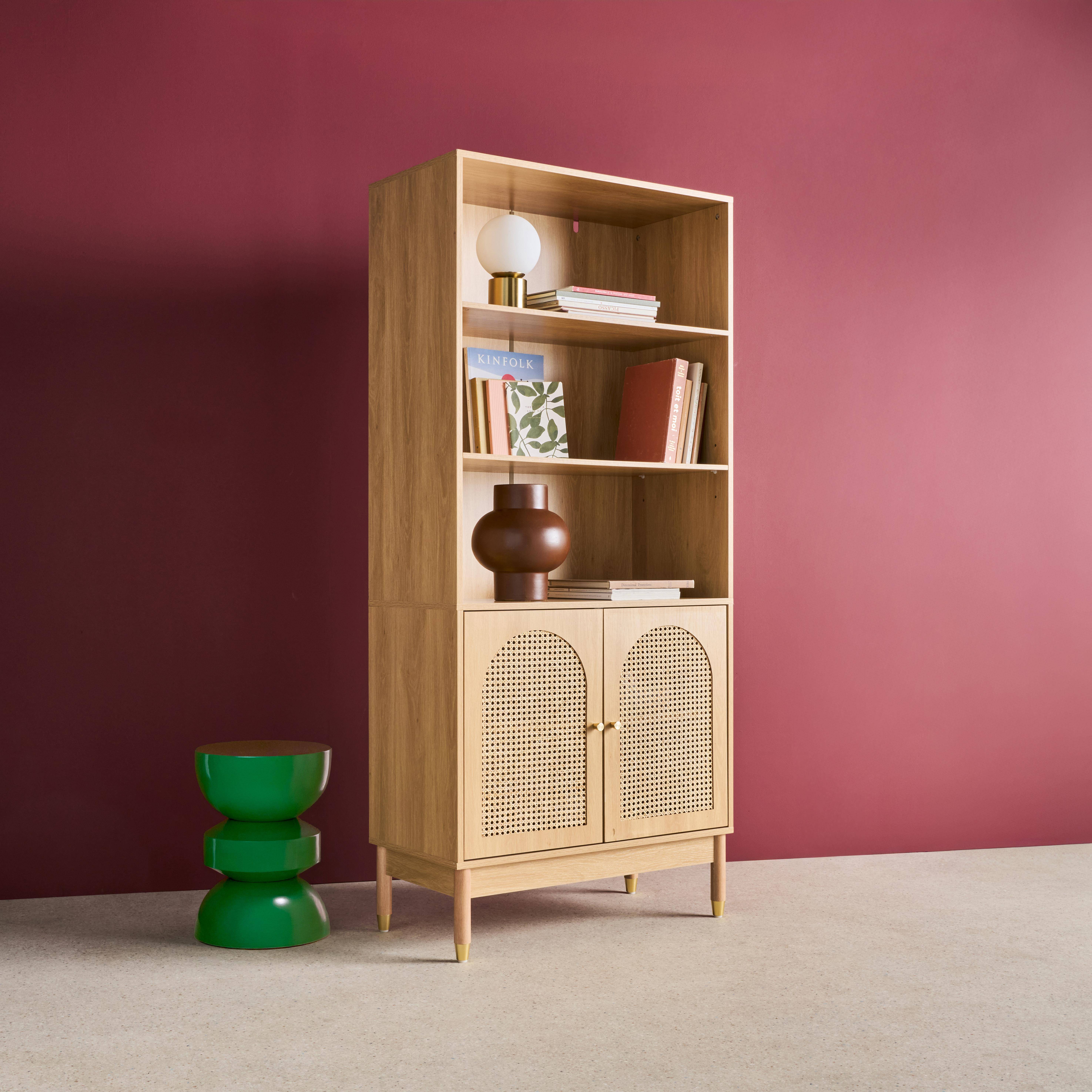 Estante biblioteca decoração madeira e palhinha, 4 níveis e 2 portas, Judith, Natural, 80x40x178 cm,sweeek,Photo2