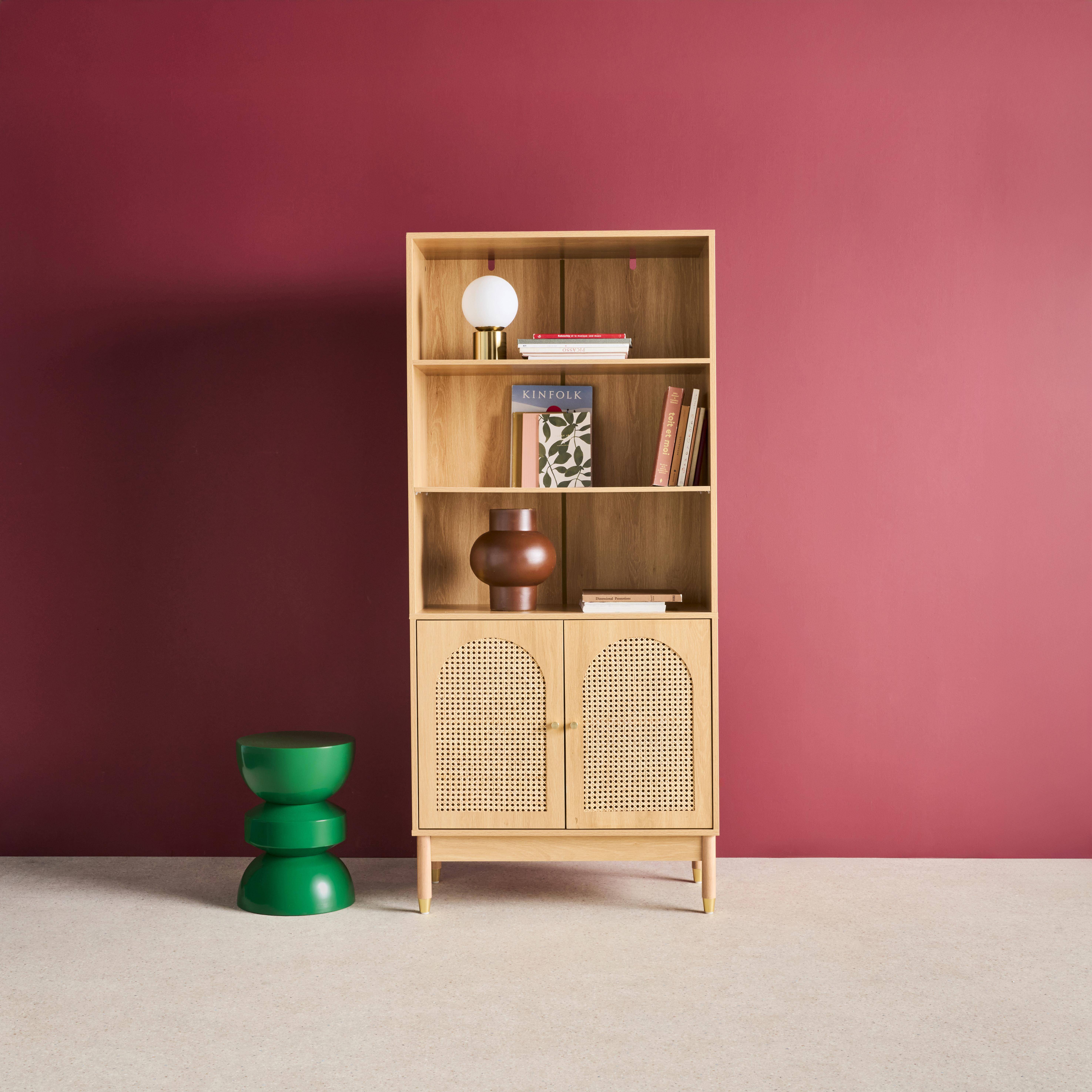 Estante biblioteca decoração madeira e palhinha, 4 níveis e 2 portas, Judith, Natural, 80x40x178 cm Photo1